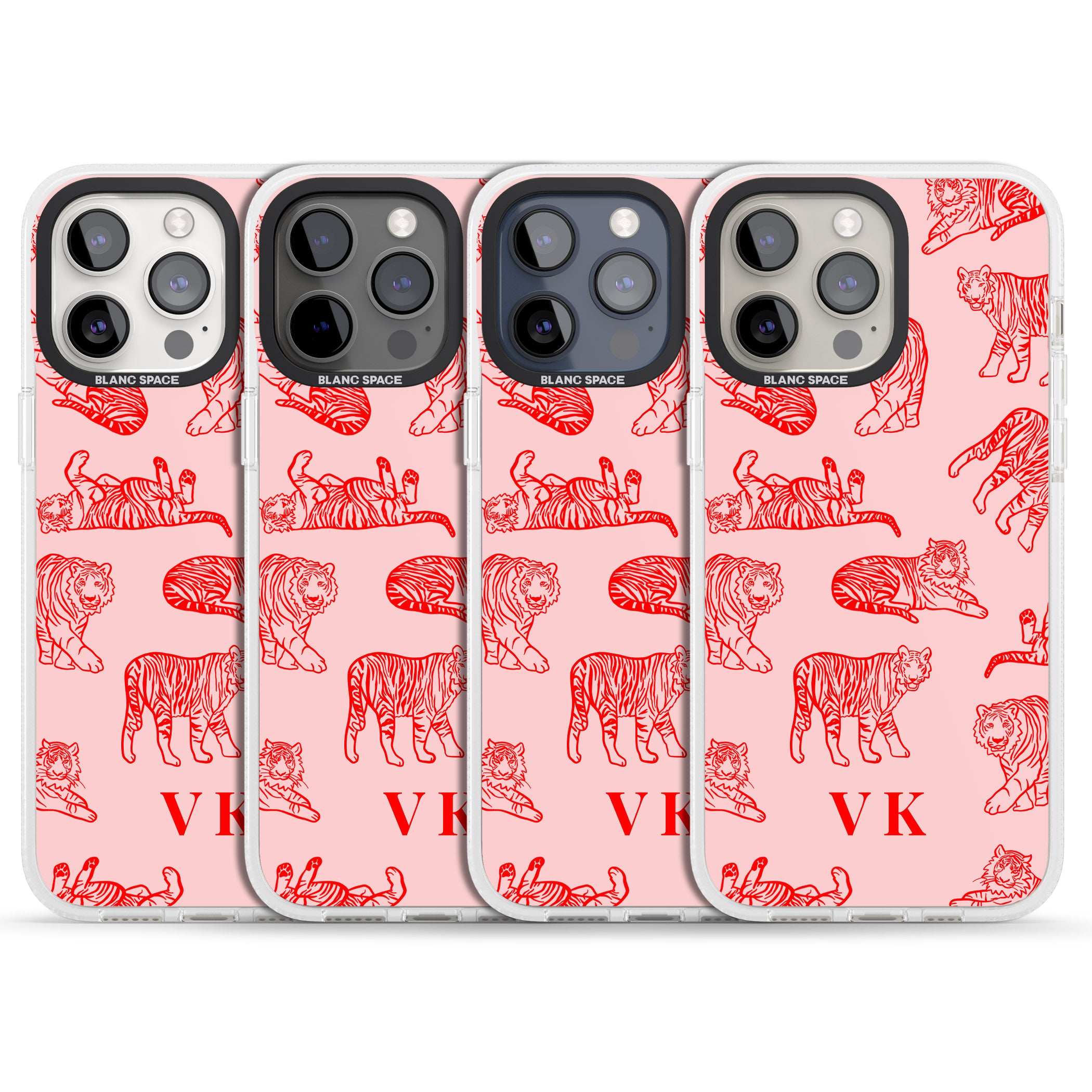 Personalised Red Tiger Outlines on Pink iPhone 15 Pro Max / 15 Pro / 14 Pro Max / 14 Pro / 13 Pro Clear Case Impact Air - Blanc Space
