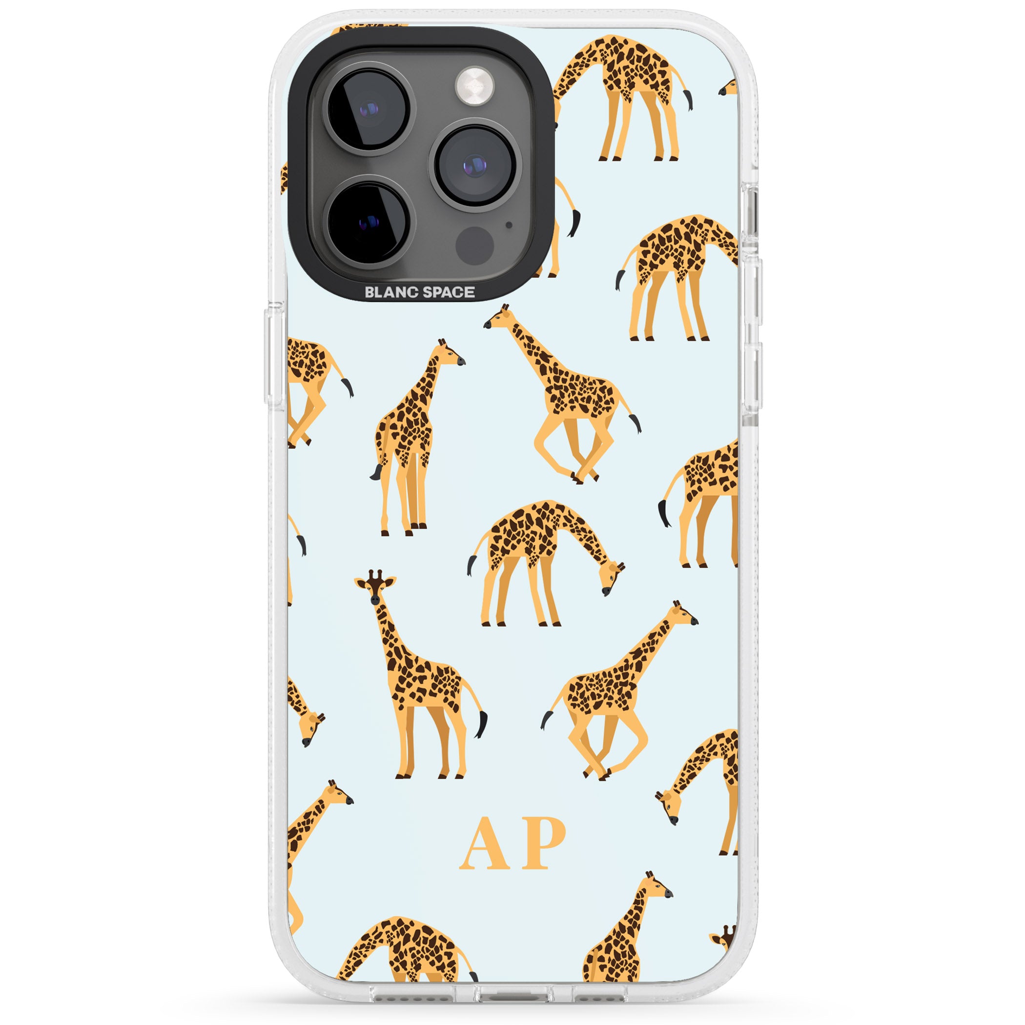 Personalised Safari Giraffe Pattern on Blue iPhone 15 Pro Max / 15 Pro / 14 Pro Max / 14 Pro / 13 Pro Clear Case Impact Air - Blanc Space