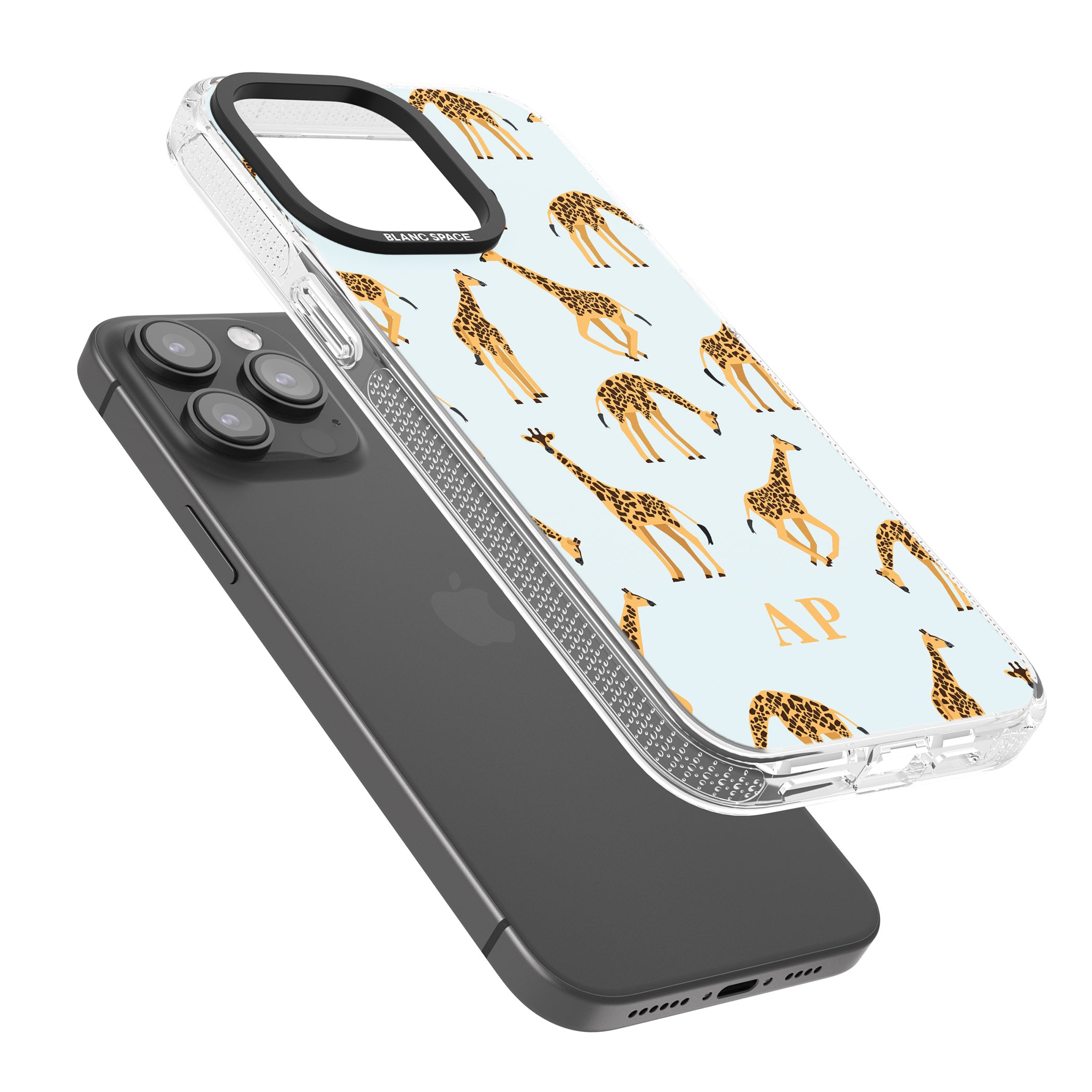 Personalised Safari Giraffe Pattern on Blue iPhone 15 Pro Max / 15 Pro / 14 Pro Max / 14 Pro / 13 Pro Clear Case Impact Air - Blanc Space