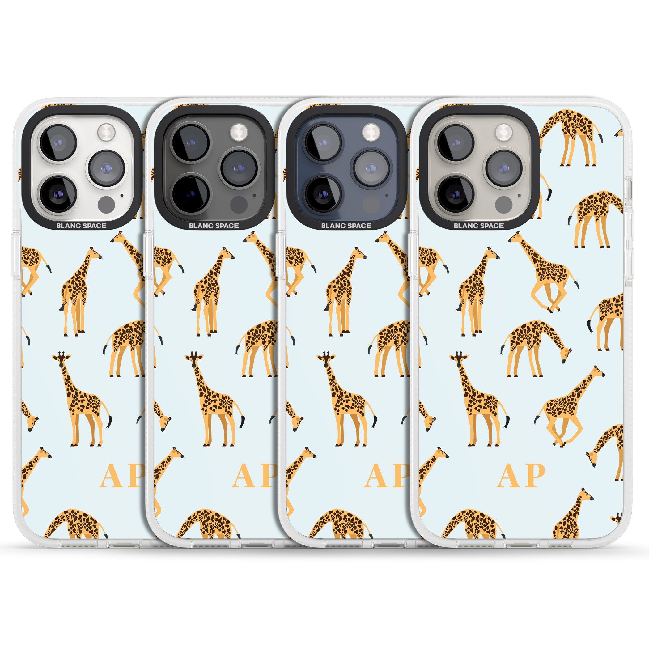 Personalised Safari Giraffe Pattern on Blue iPhone 15 Pro Max / 15 Pro / 14 Pro Max / 14 Pro / 13 Pro Clear Case Impact Air - Blanc Space