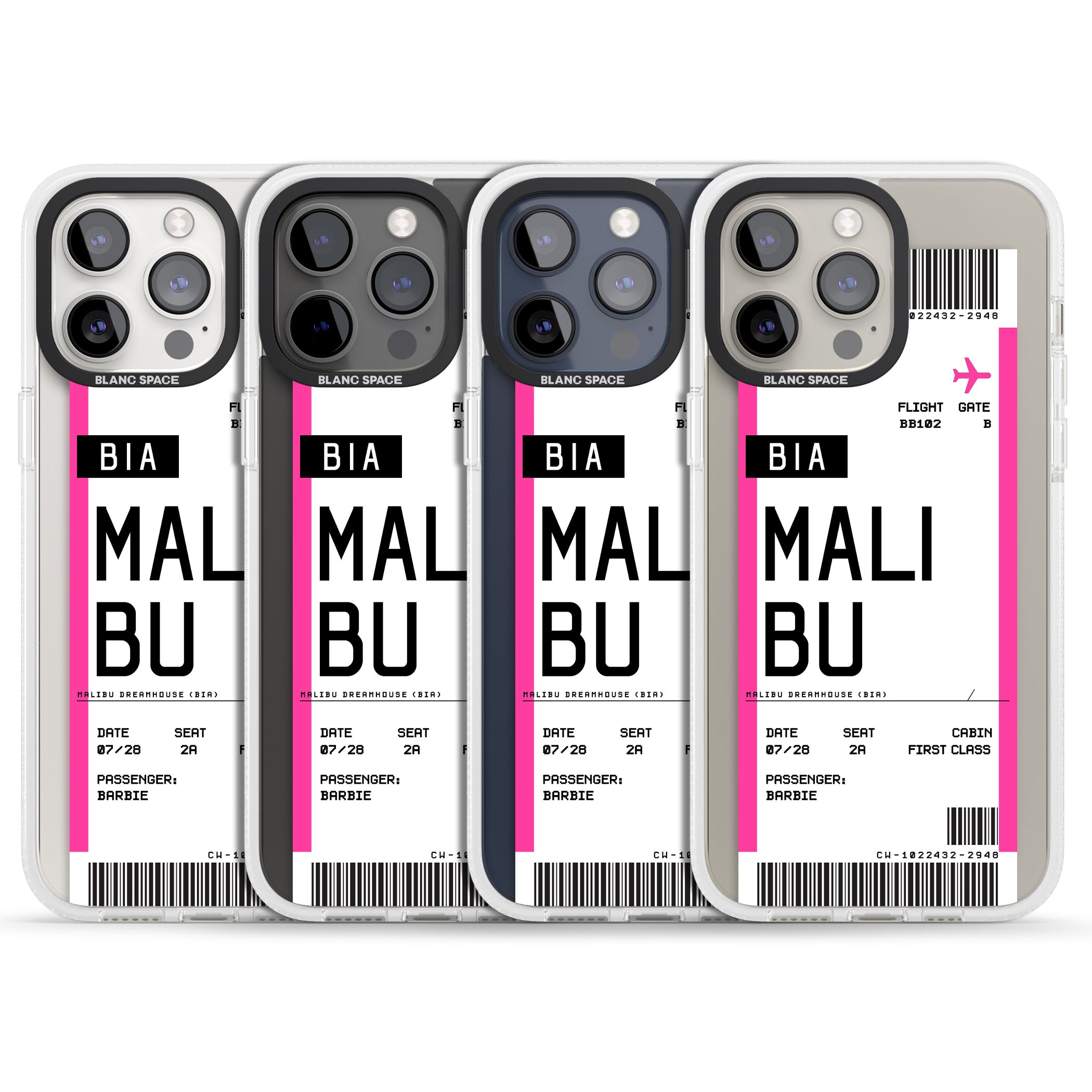 Personalised Pink Malibu Boarding Pass iPhone 15 Pro Max / 15 Pro / 14 Pro Max / 14 Pro / 13 Pro Clear Case Impact Air - Blanc Space