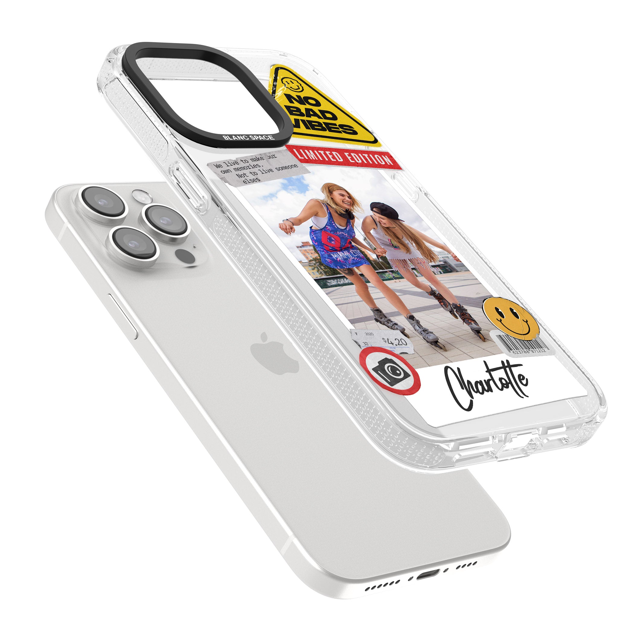 Personalised Sticker Mix Instant Photo iPhone 15 Pro Max / 15 Pro / 14 Pro Max / 14 Pro / 13 Pro Clear Case Impact Air - Blanc Space