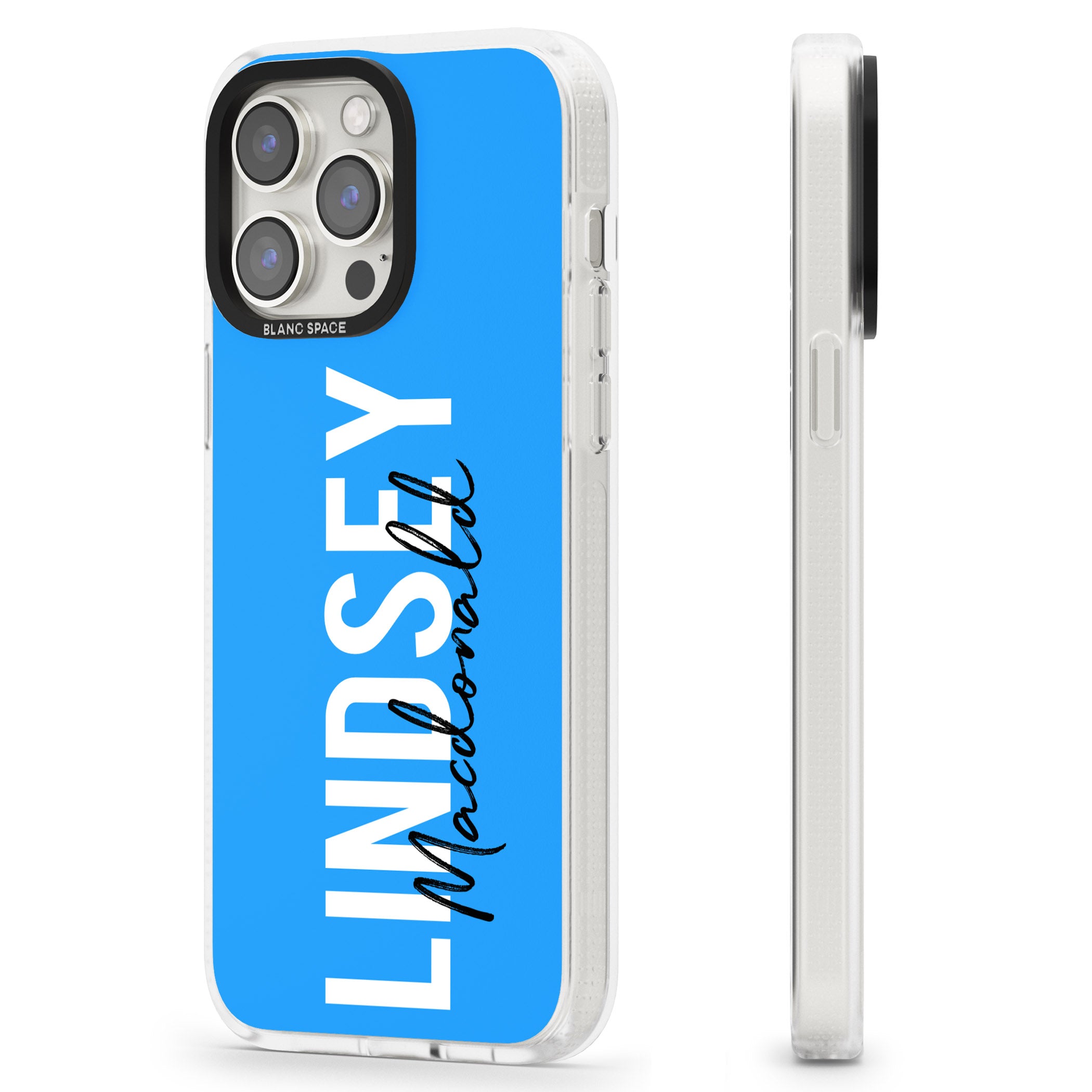 Personalised Bold Name: Blue iPhone 15 Pro Max / 15 Pro / 14 Pro Max / 14 Pro / 13 Pro Clear Case Impact Air - Blanc Space