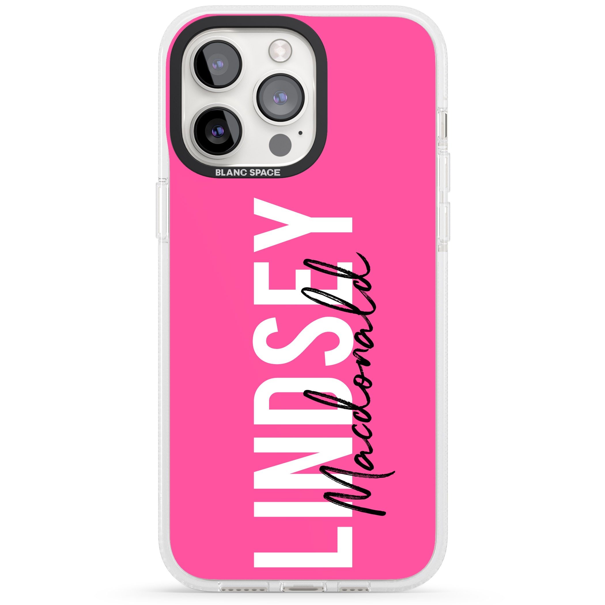 Personalised Bold Name: Pink iPhone 15 Pro Max / 15 Pro / 14 Pro Max / 14 Pro / 13 Pro Clear Case Impact Air - Blanc Space