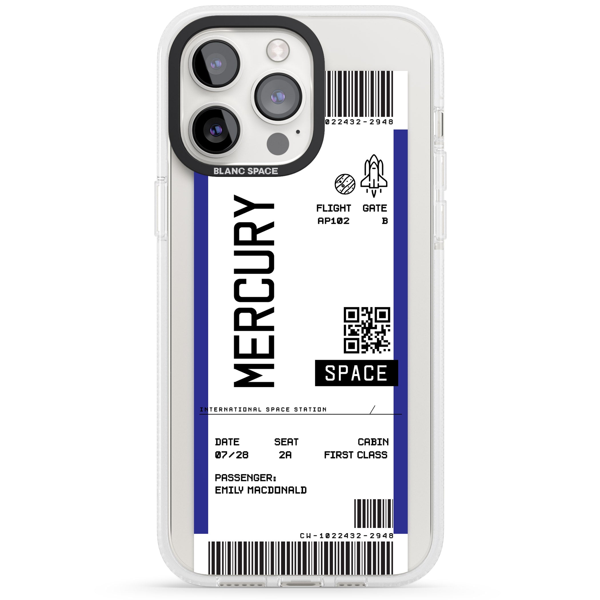 Personalised Mercury Space Travel Ticket iPhone 15 Pro Max / 15 Pro / 14 Pro Max / 14 Pro / 13 Pro Clear Case Impact Air - Blanc Space