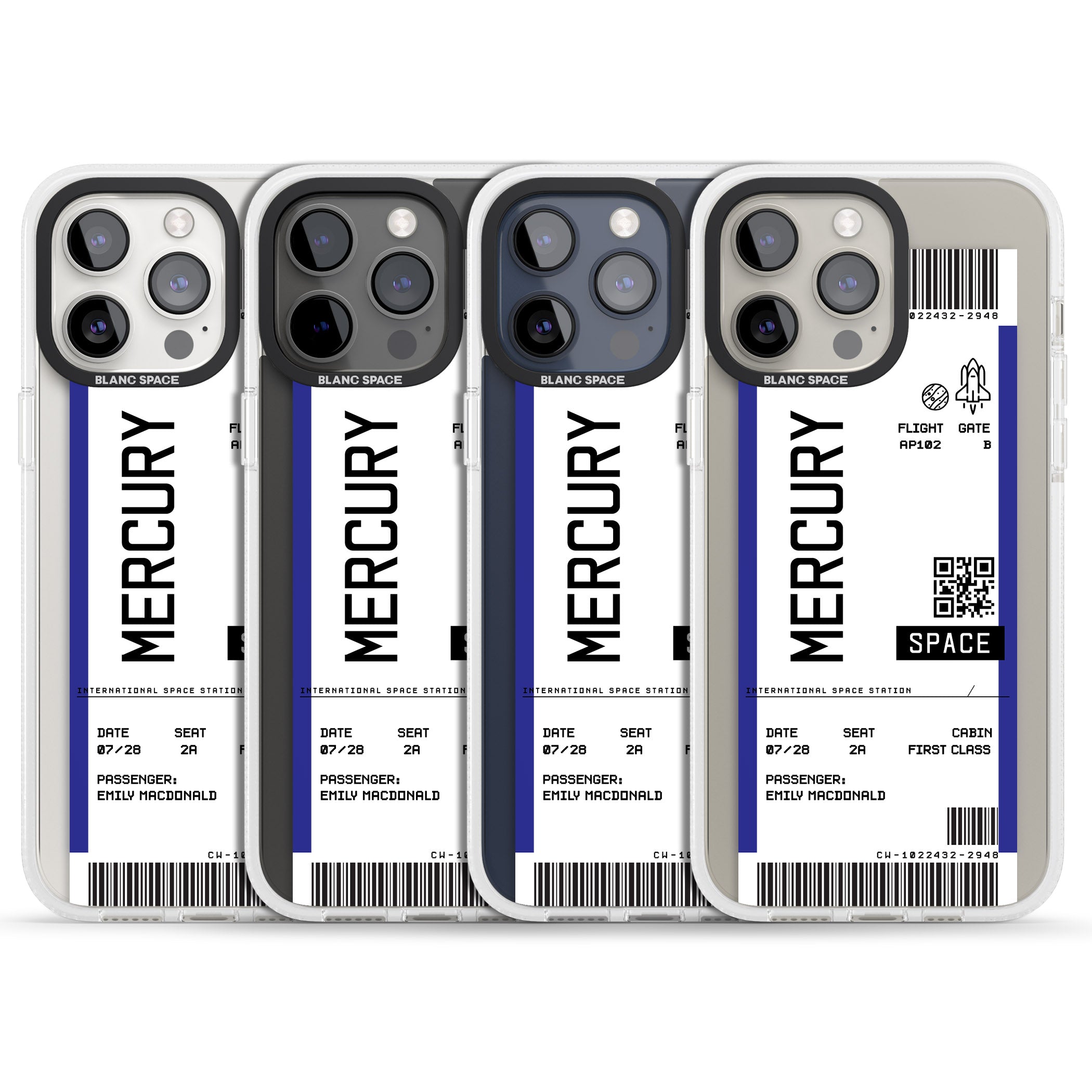 Personalised Mercury Space Travel Ticket iPhone 15 Pro Max / 15 Pro / 14 Pro Max / 14 Pro / 13 Pro Clear Case Impact Air - Blanc Space