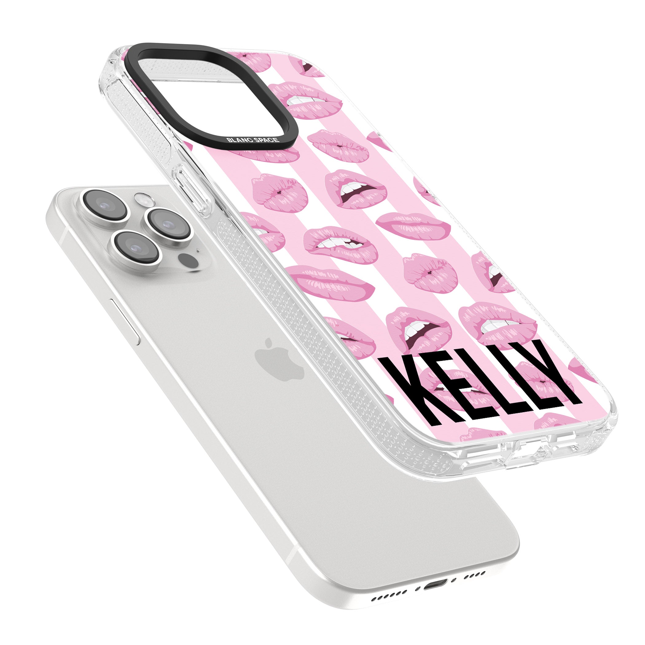 Personalised Pink Stripes & Lips iPhone 15 Pro Max / 15 Pro / 14 Pro Max / 14 Pro / 13 Pro Clear Case Impact Air - Blanc Space