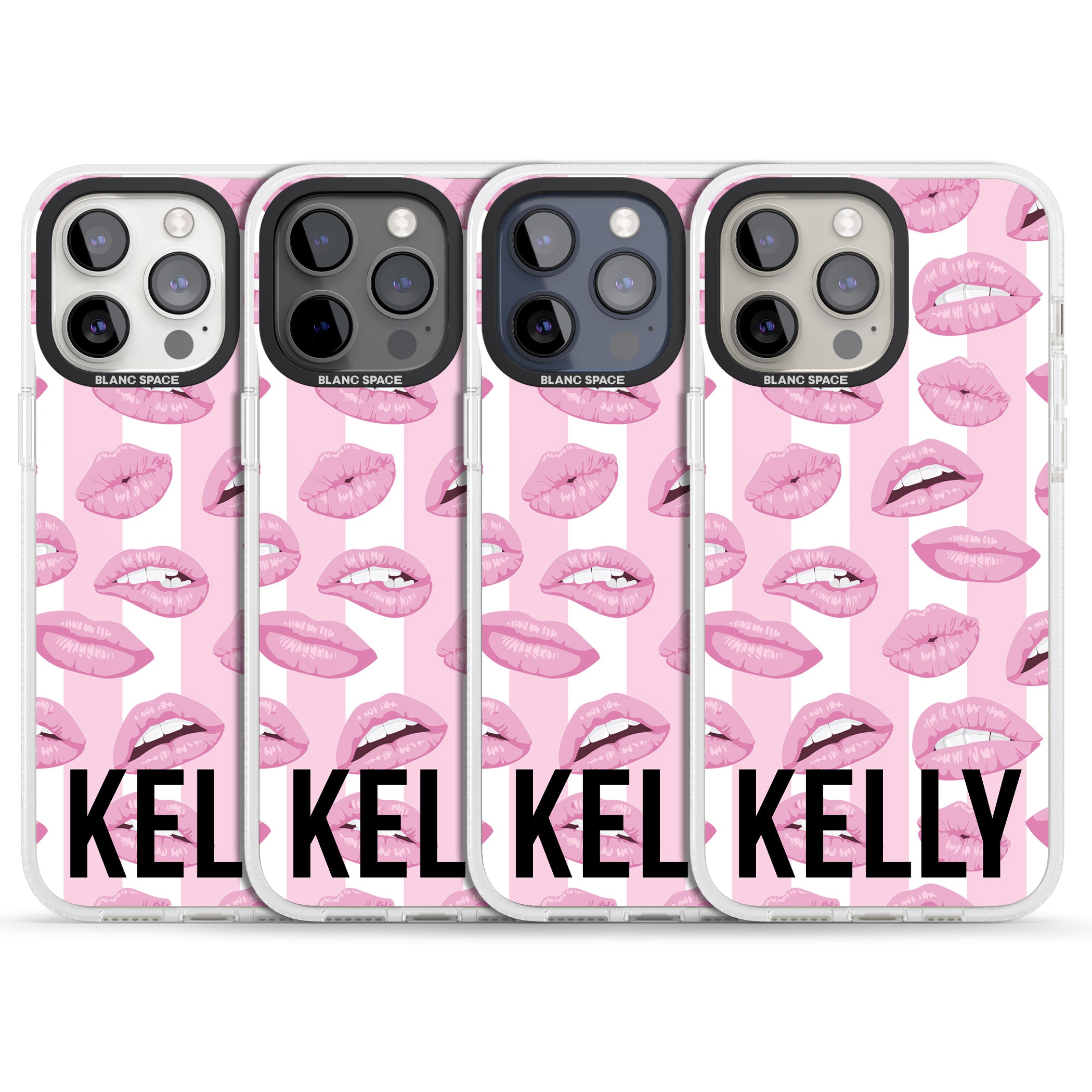 Personalised Pink Stripes & Lips iPhone 15 Pro Max / 15 Pro / 14 Pro Max / 14 Pro / 13 Pro Clear Case Impact Air - Blanc Space