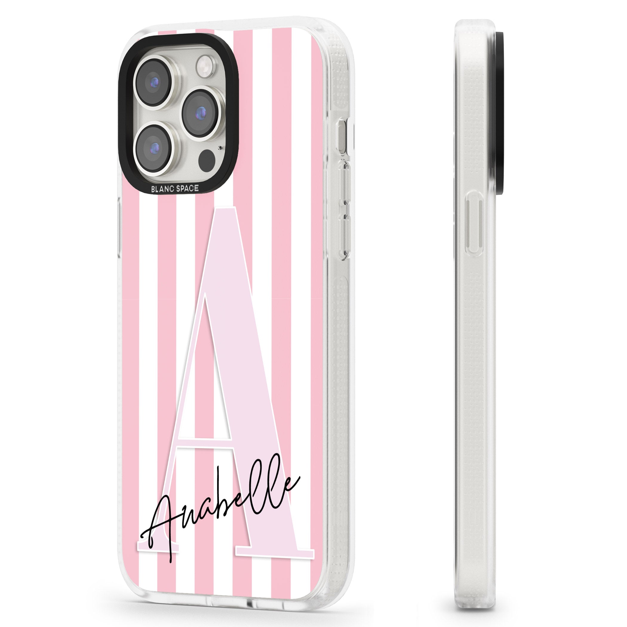 Personalised Pink Stripes & Large Monogram iPhone 15 Pro Max / 15 Pro / 14 Pro Max / 14 Pro / 13 Pro Clear Case Impact Air - Blanc Space