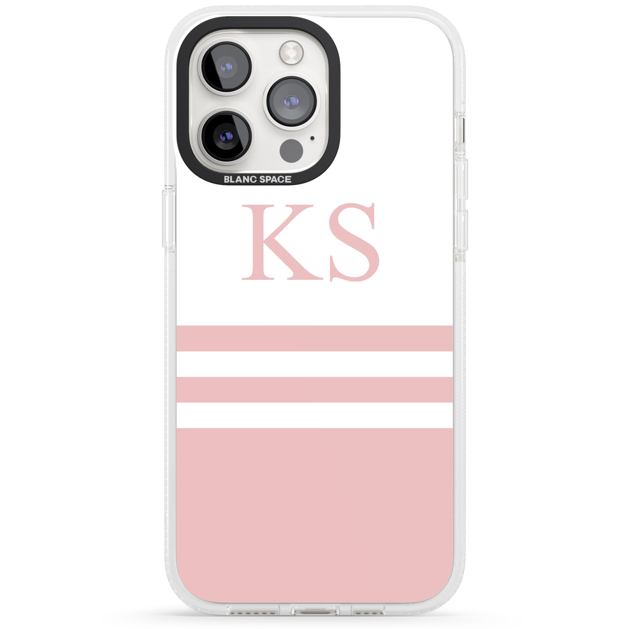 Personalised Minimal Pink Stripes & Initials iPhone 15 Pro Max / 15 Pro / 14 Pro Max / 14 Pro / 13 Pro Clear Case Impact Air - Blanc Space