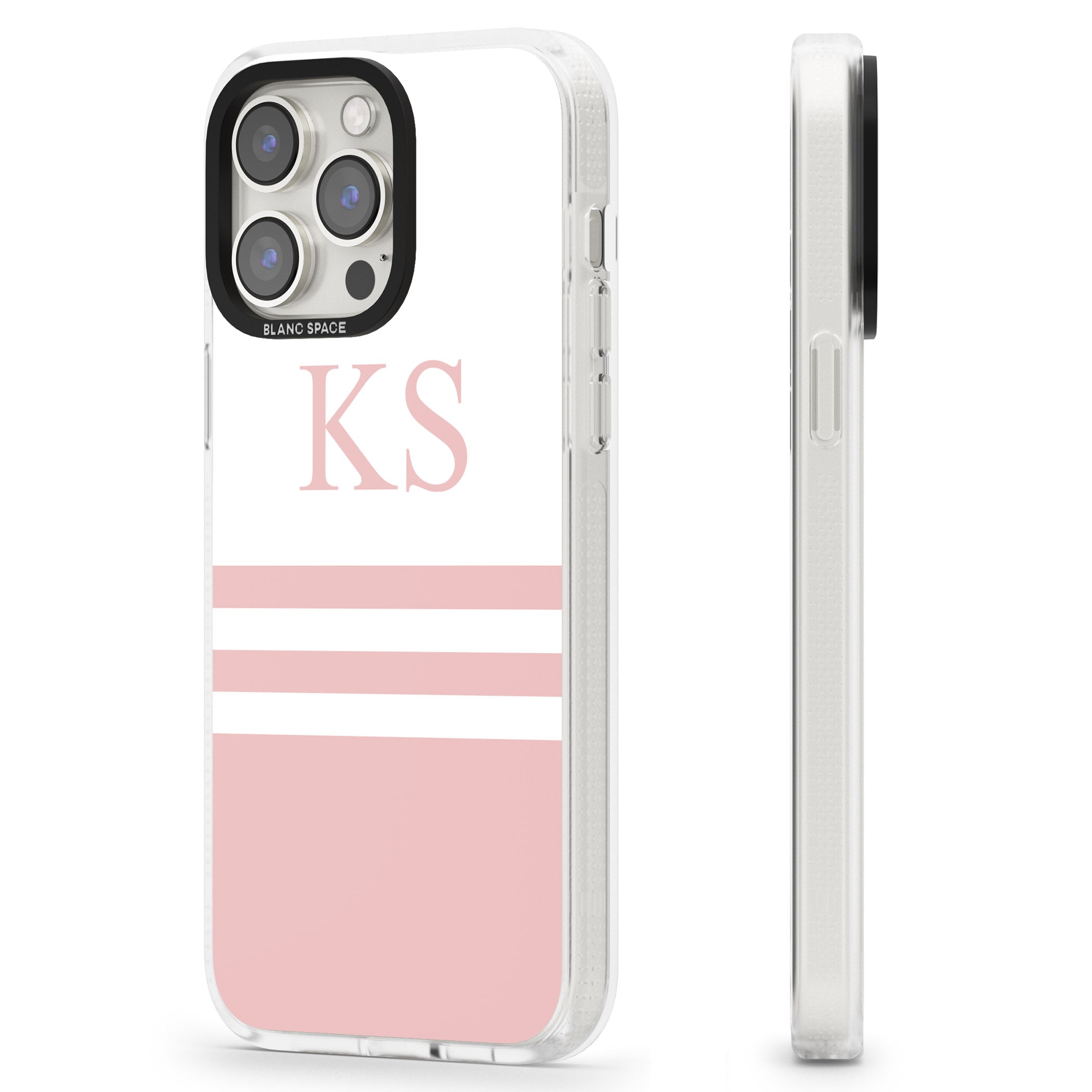 Personalised Minimal Pink Stripes & Initials iPhone 15 Pro Max / 15 Pro / 14 Pro Max / 14 Pro / 13 Pro Clear Case Impact Air - Blanc Space