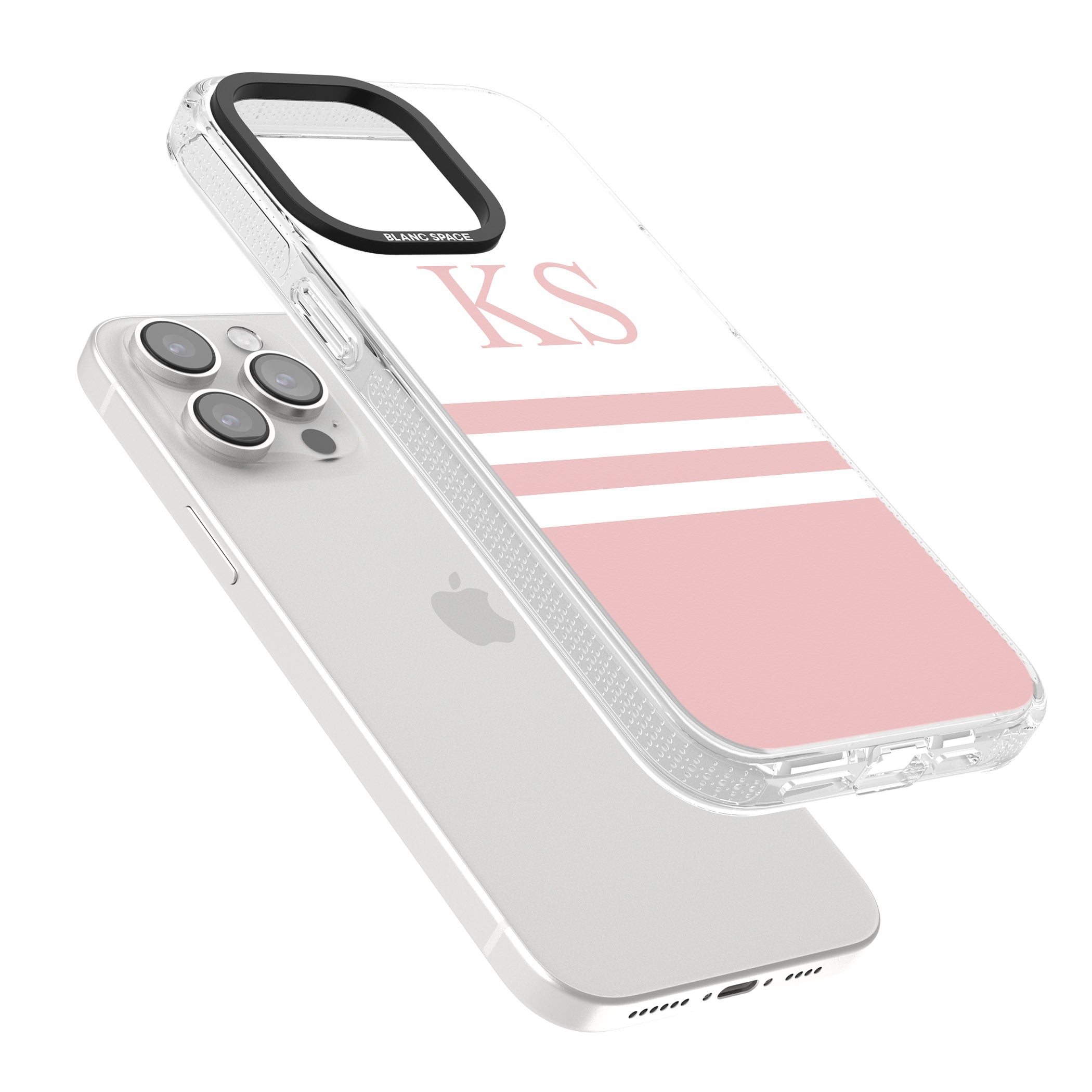 Personalised Minimal Pink Stripes & Initials iPhone 15 Pro Max / 15 Pro / 14 Pro Max / 14 Pro / 13 Pro Clear Case Impact Air - Blanc Space
