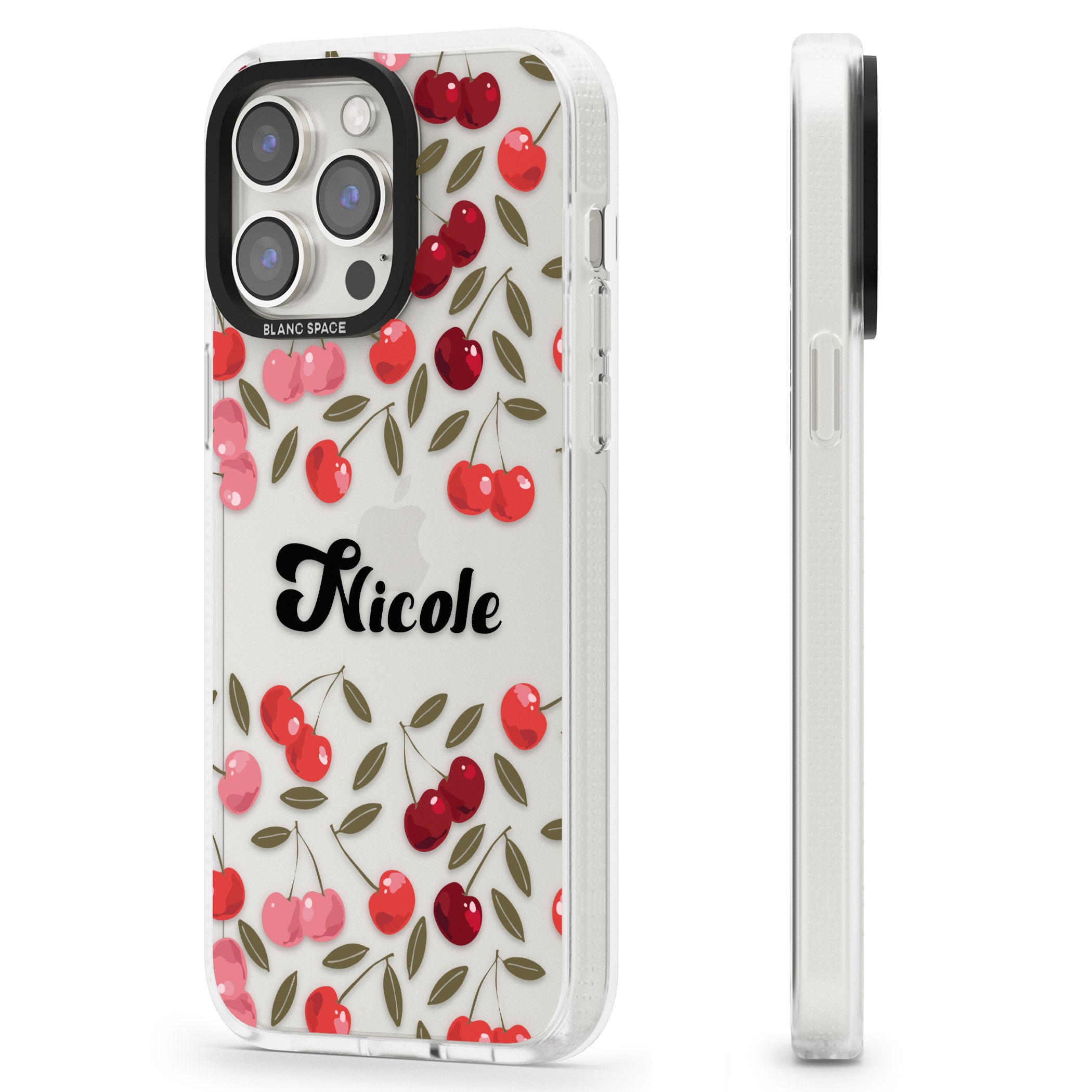 Personalised Cherry Pattern iPhone 15 Pro Max / 15 Pro / 14 Pro Max / 14 Pro / 13 Pro Clear Case Impact Air - Blanc Space