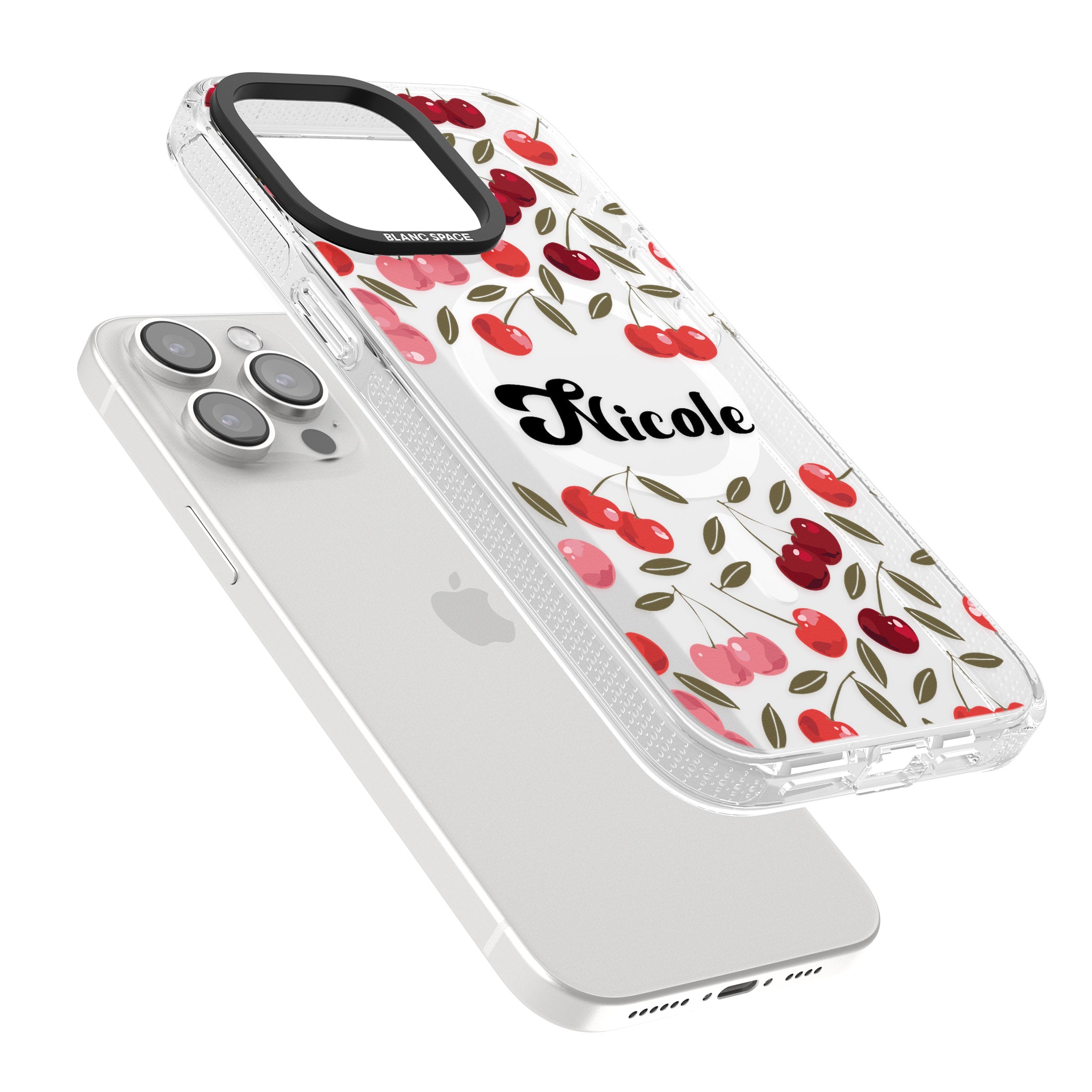 Personalised Cherry Pattern iPhone 15 Pro Max / 15 Pro / 14 Pro Max / 14 Pro / 13 Pro Clear Case Impact Air - Blanc Space