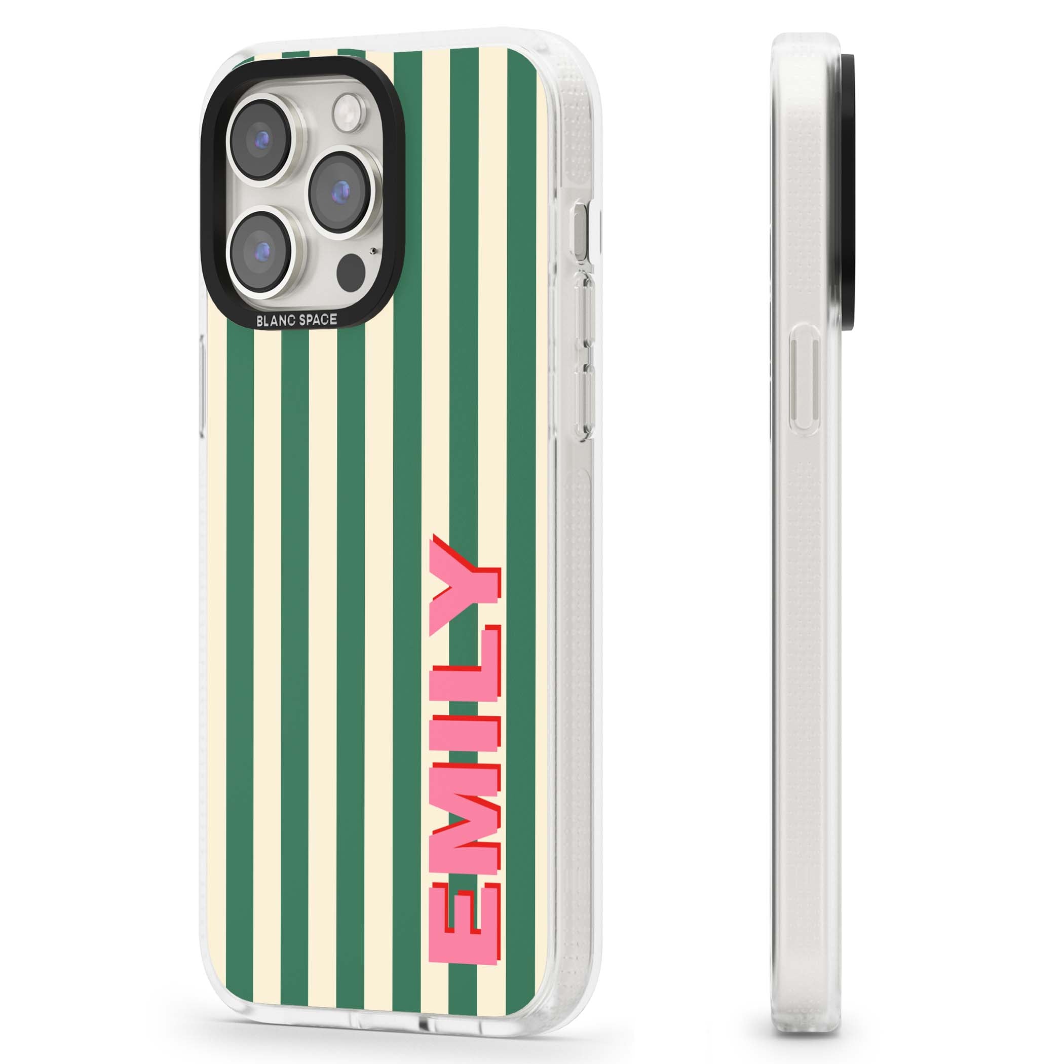 Wimbledon Stripe preppy iPhone case featuring green and cream vertical stripes with a personalised pink name | Clear Case Impact Air case for iPhone 15 Pro, iPhone 15 Pro Max