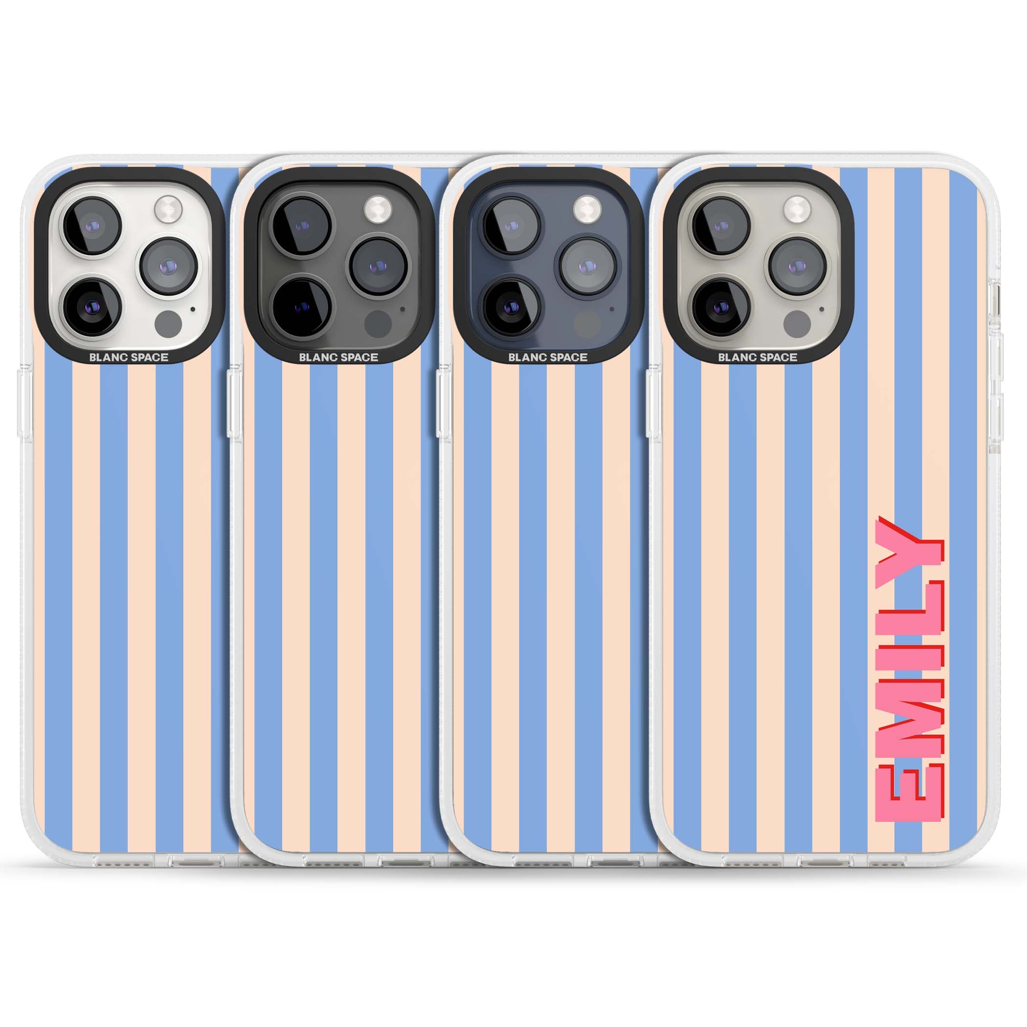 Coastal Stripe personalised coastal iPhone case with blue and peach vertical stripes and custom pink name | Clear Case Impact Air case for iPhone 15 Pro, iPhone 15 Pro Max