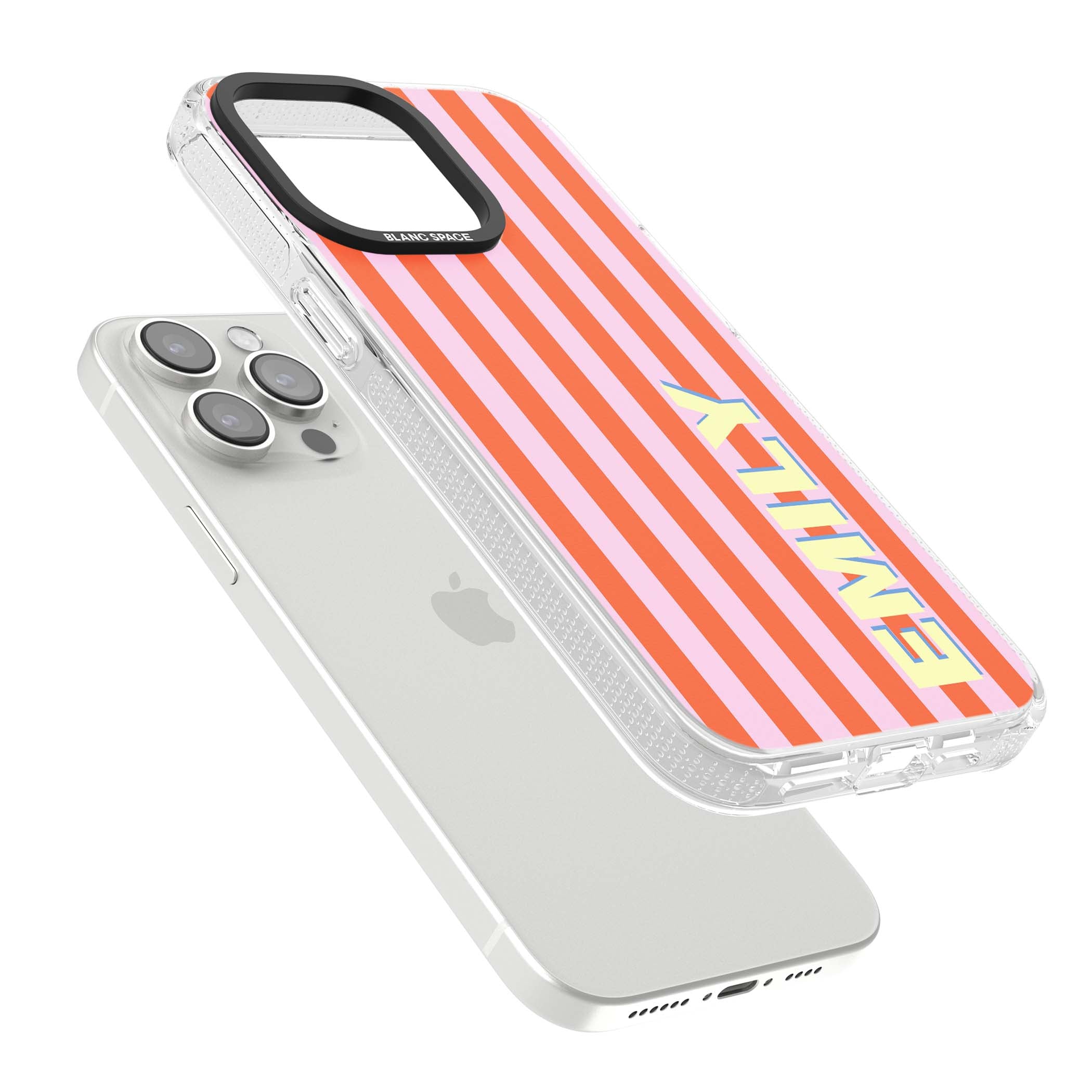 Havana Stripe personalised iPhone case featuring pink and orange vertical stripes with a custom yellow name | Clear Case Impact Air case for iPhone 15 Pro, iPhone 15 Pro Max