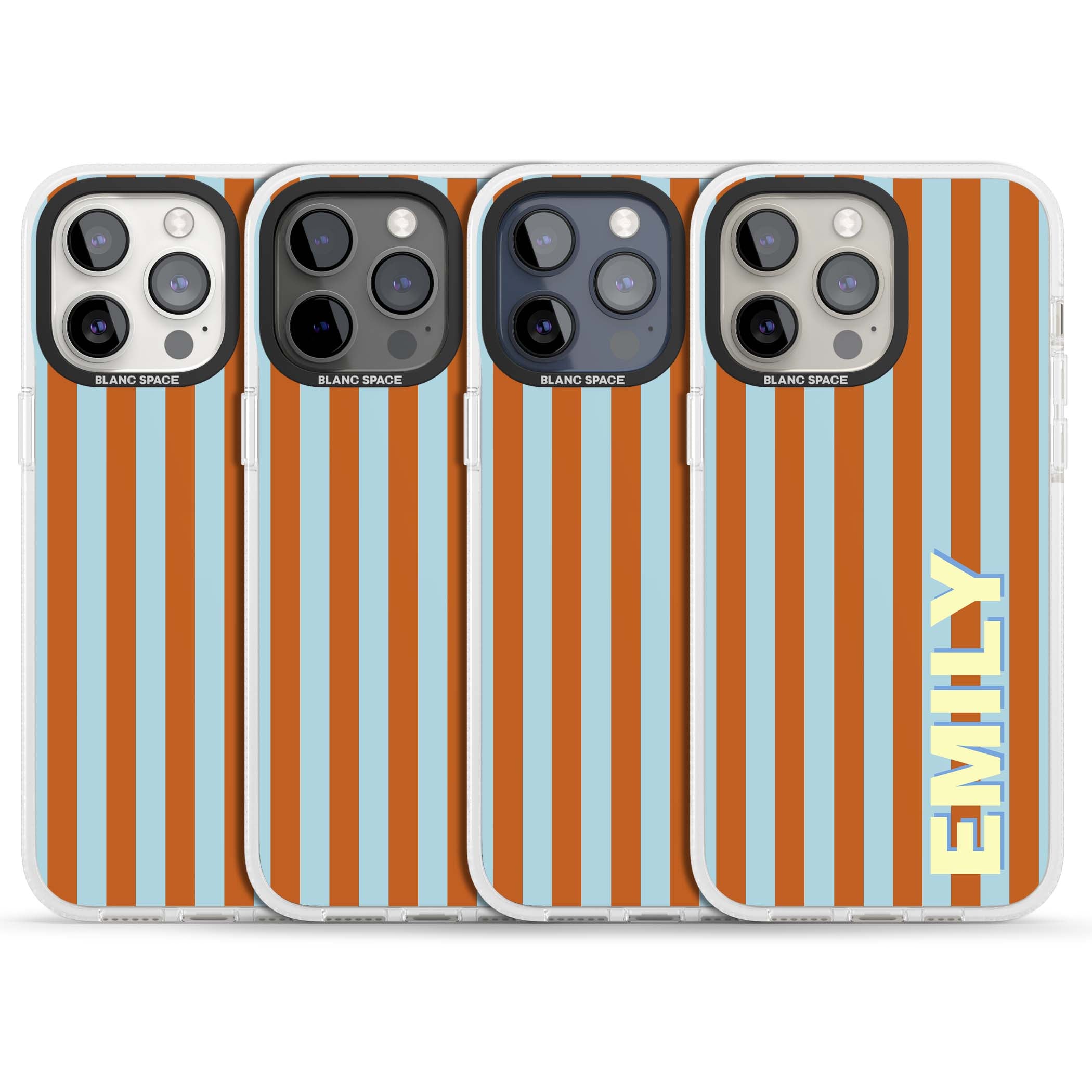 Cappadocia Stripe personalised coastal iPhone case featuring blue and orange vertical stripes with custom cream name | Clear Case Impact Air case for iPhone 15 Pro, iPhone 15 Pro Max