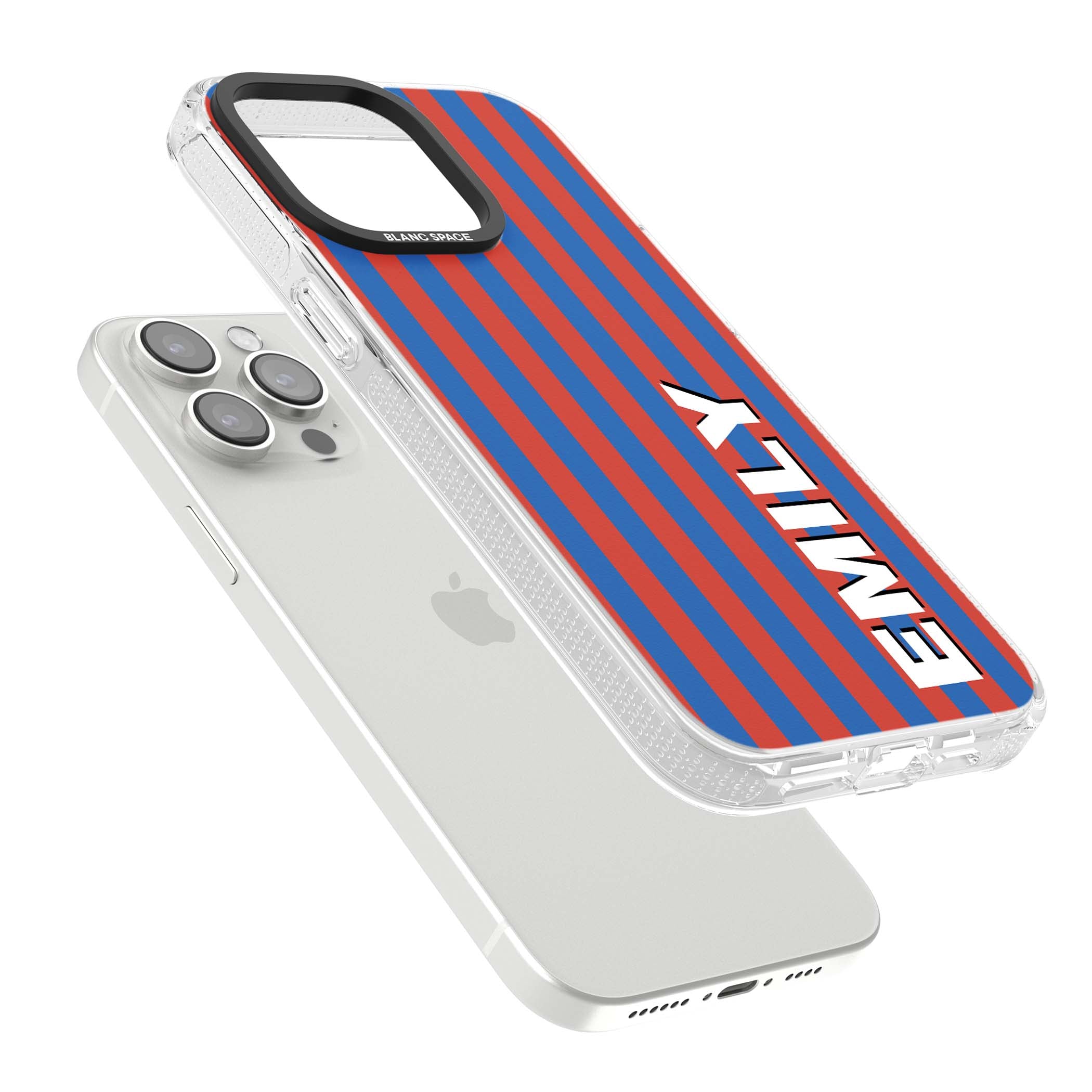 Cuban Stripe personalised iPhone case featuring red and blue vertical stripes with custom name in bold white letters | Clear Case Impact Air case for iPhone 15 Pro, iPhone 15 Pro Max