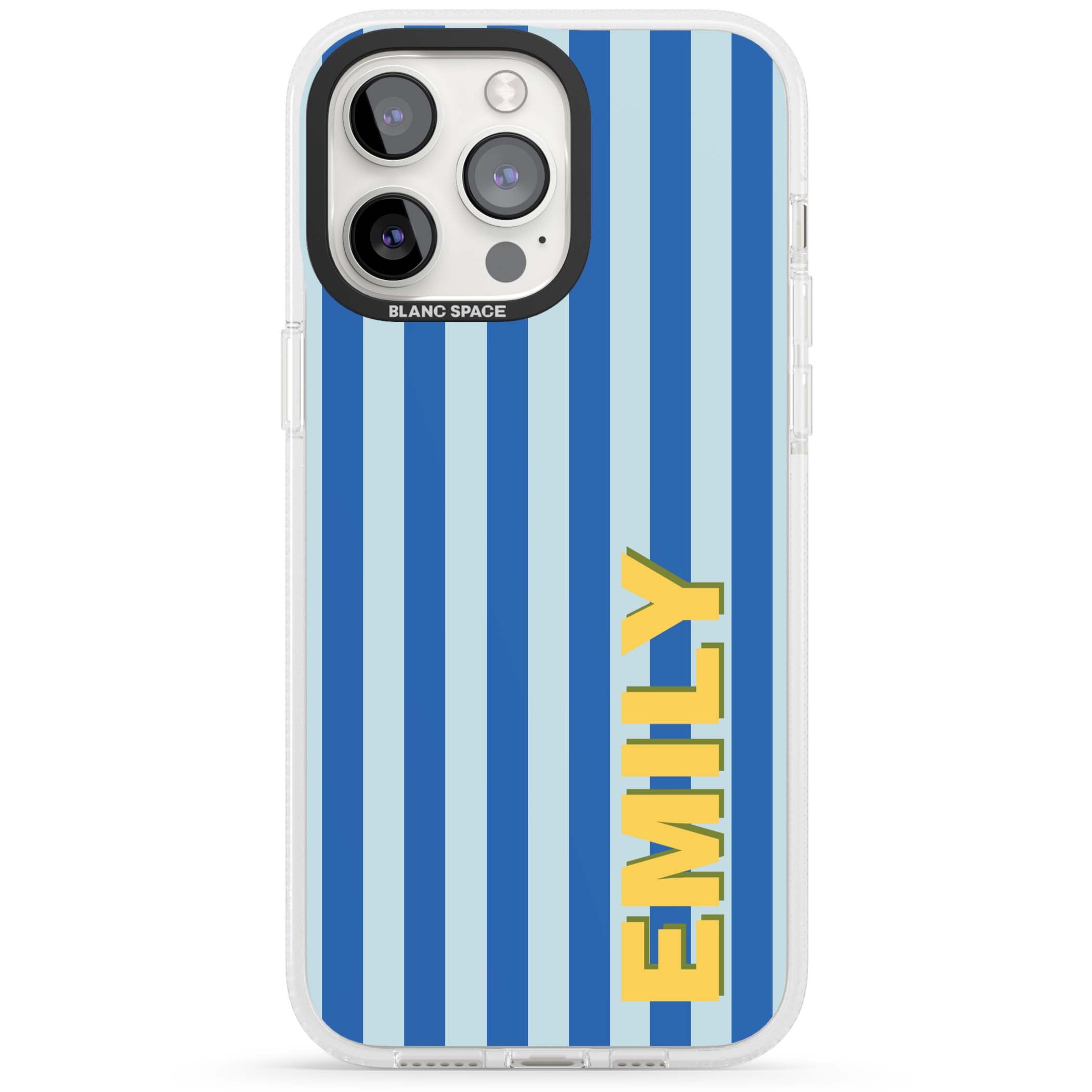 Athenian Stripe personalised preppy iPhone case featuring blue vertical stripes and a custom yellow name | Clear Case Impact Air case for iPhone 15 Pro, iPhone 15 Pro Max