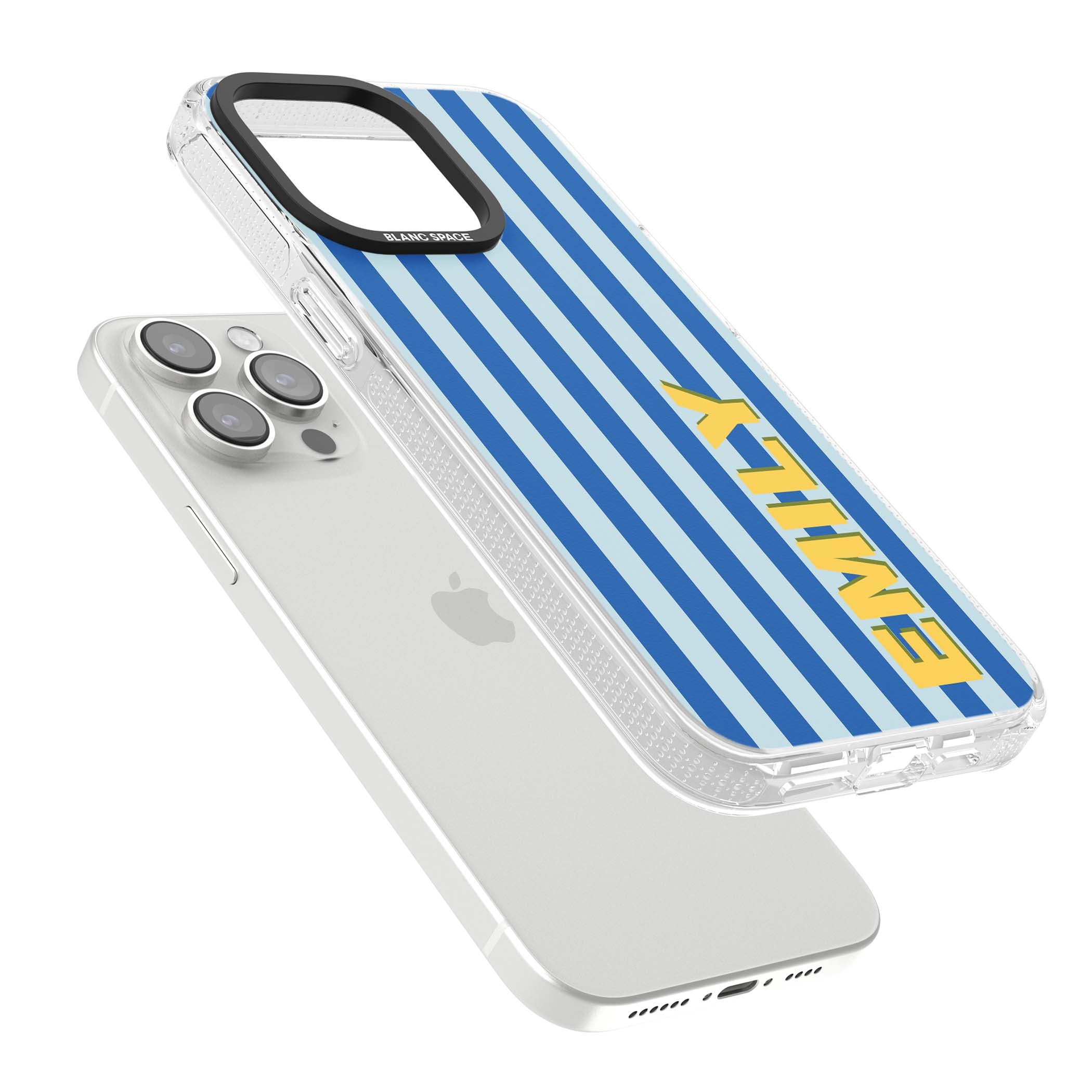 Athenian Stripe personalised preppy iPhone case featuring blue vertical stripes and a custom yellow name | Clear Case Impact Air case for iPhone 15 Pro, iPhone 15 Pro Max