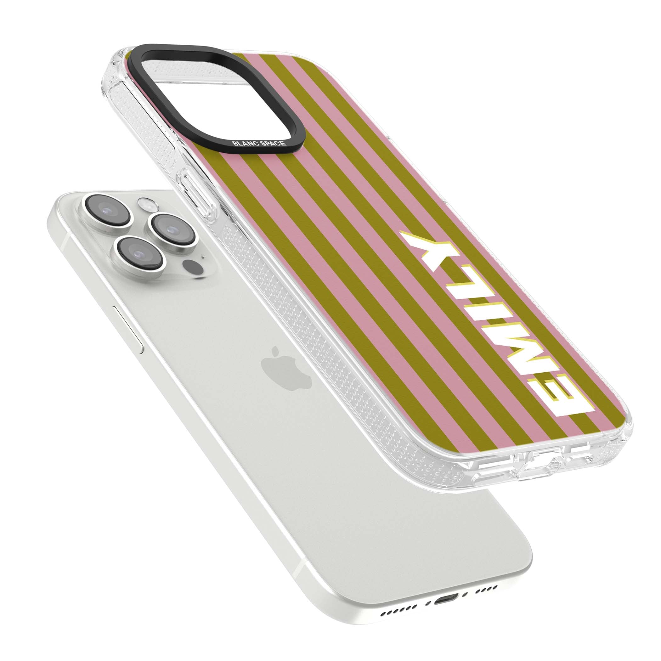 Istanbul Stripe personalised iPhone case featuring pink and olive green vertical stripes with a custom vertical name | Clear Case Impact Air case for iPhone 15 Pro, iPhone 15 Pro Max