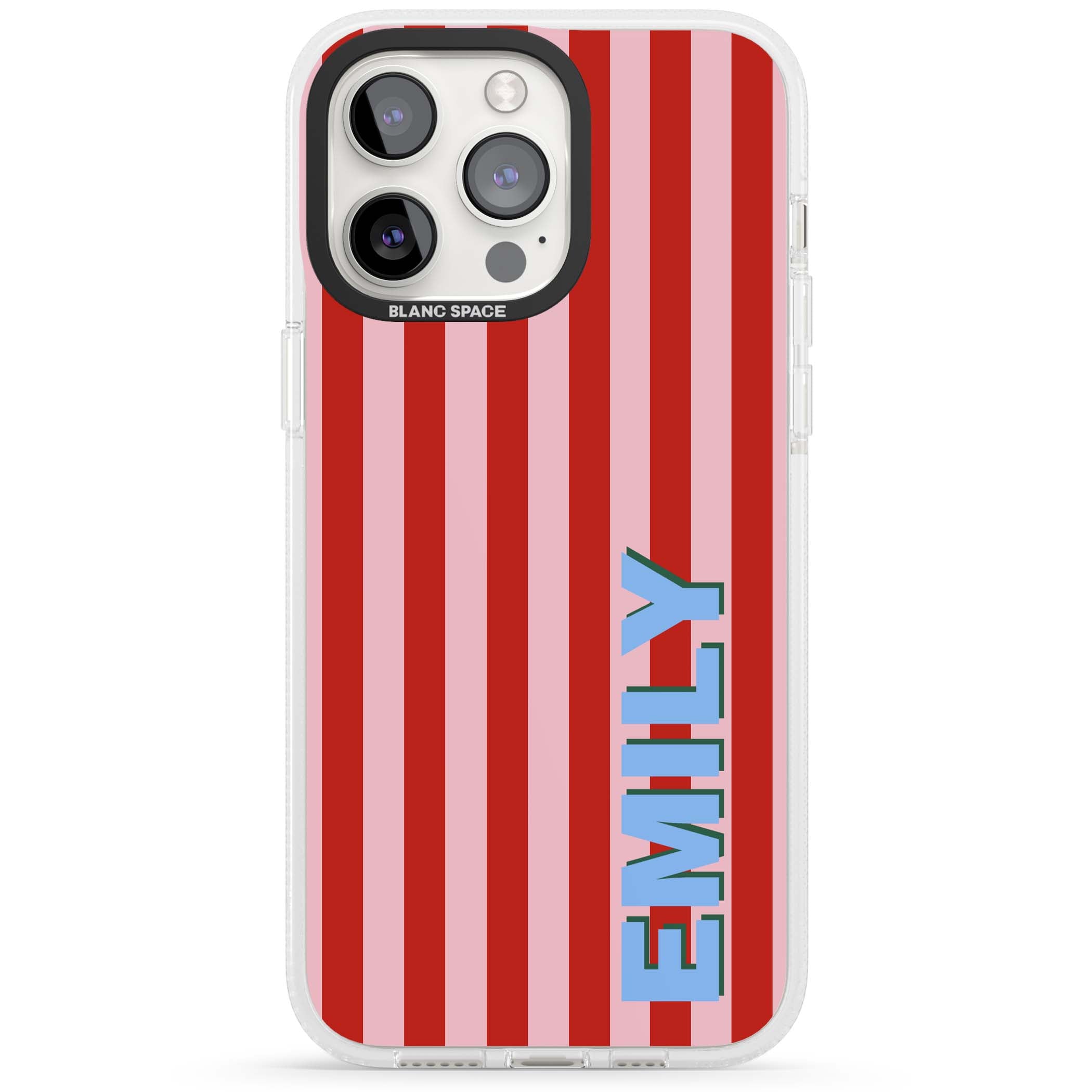 Market Stripe personalised iPhone case with red and pink vertical stripes and custom blue name | Clear Case Impact Air case for iPhone 15 Pro, iPhone 15 Pro Max