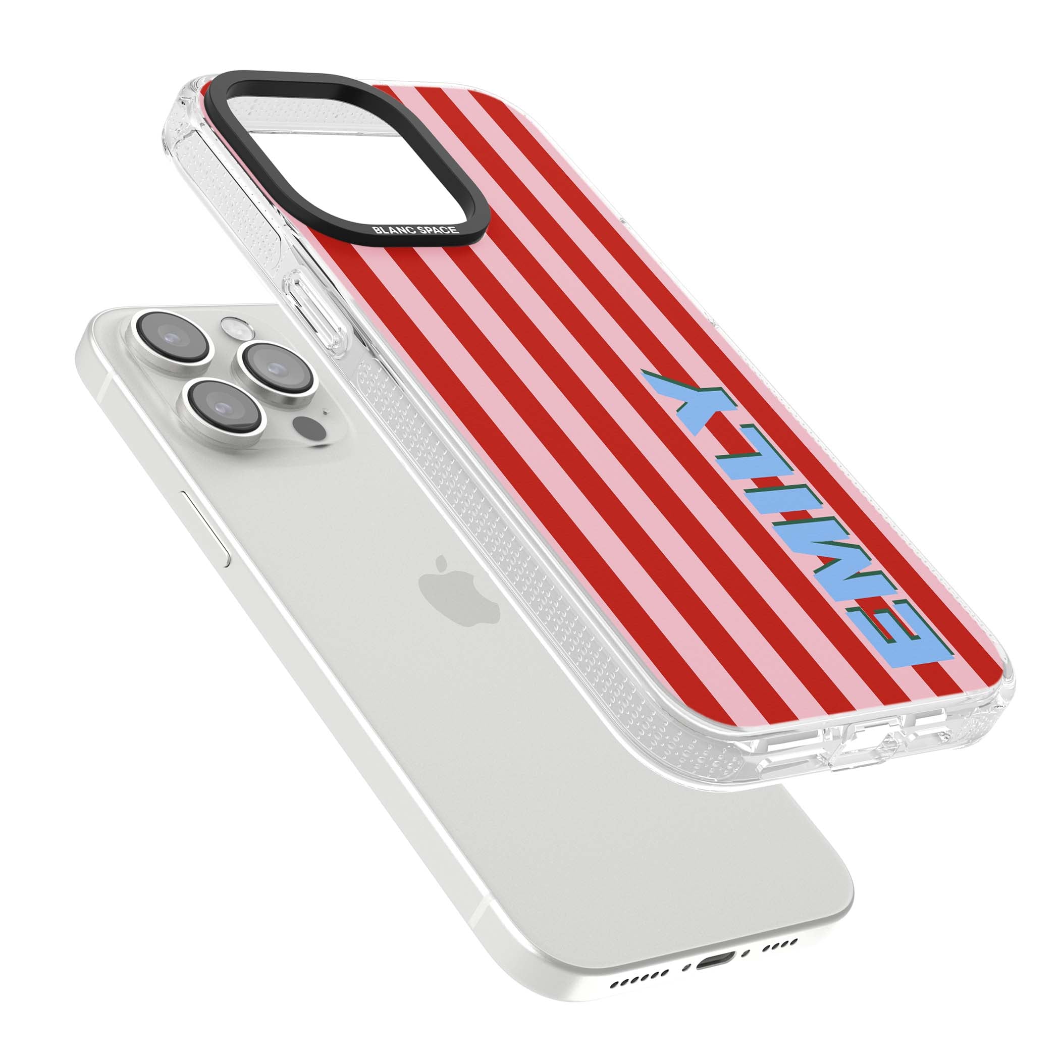 Market Stripe personalised iPhone case with red and pink vertical stripes and custom blue name | Clear Case Impact Air case for iPhone 15 Pro, iPhone 15 Pro Max