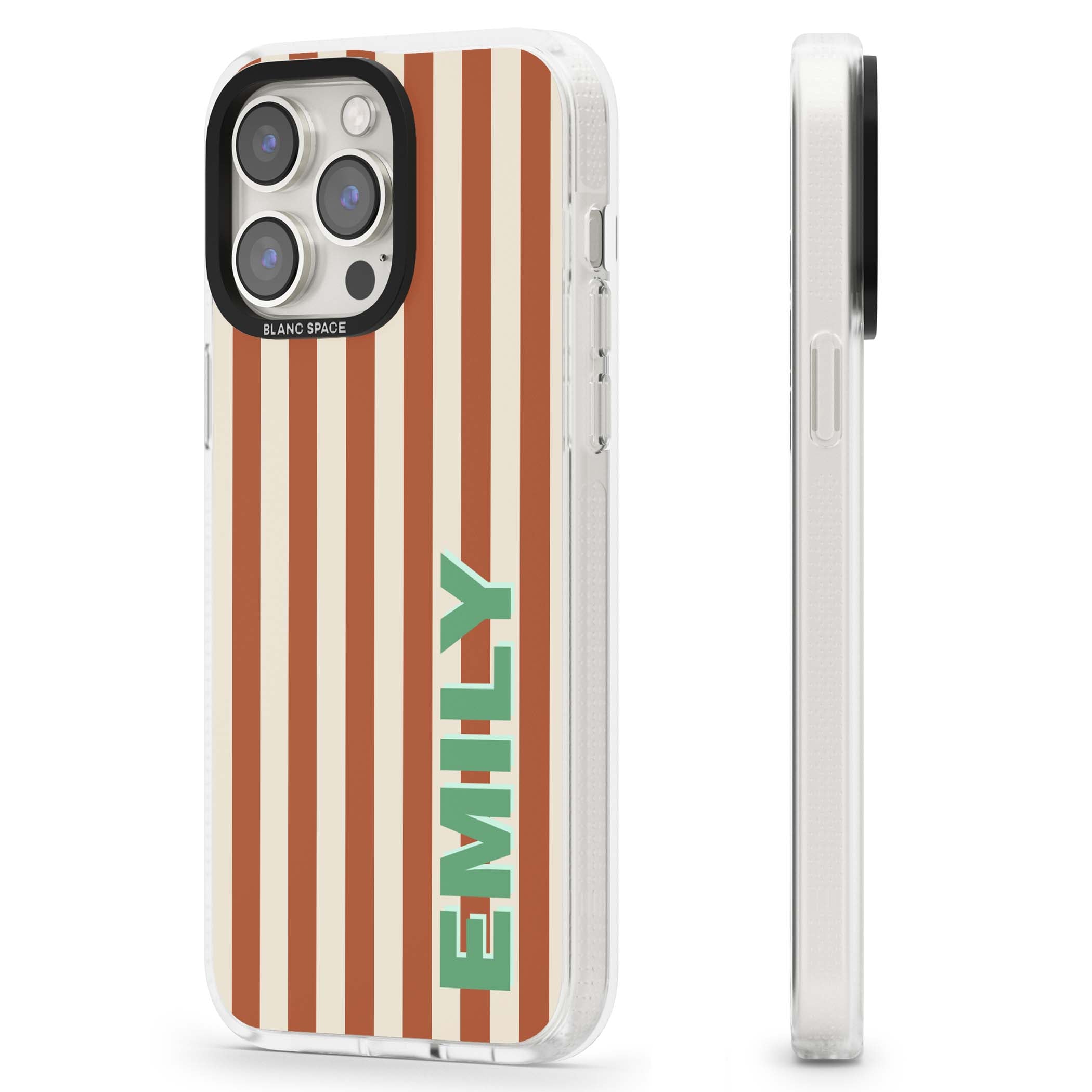 Dune Stripe personalised iPhone case with rust and cream vertical stripes and custom name in mint green | Clear Case Impact Air case for iPhone 15 Pro, iPhone 15 Pro Max
