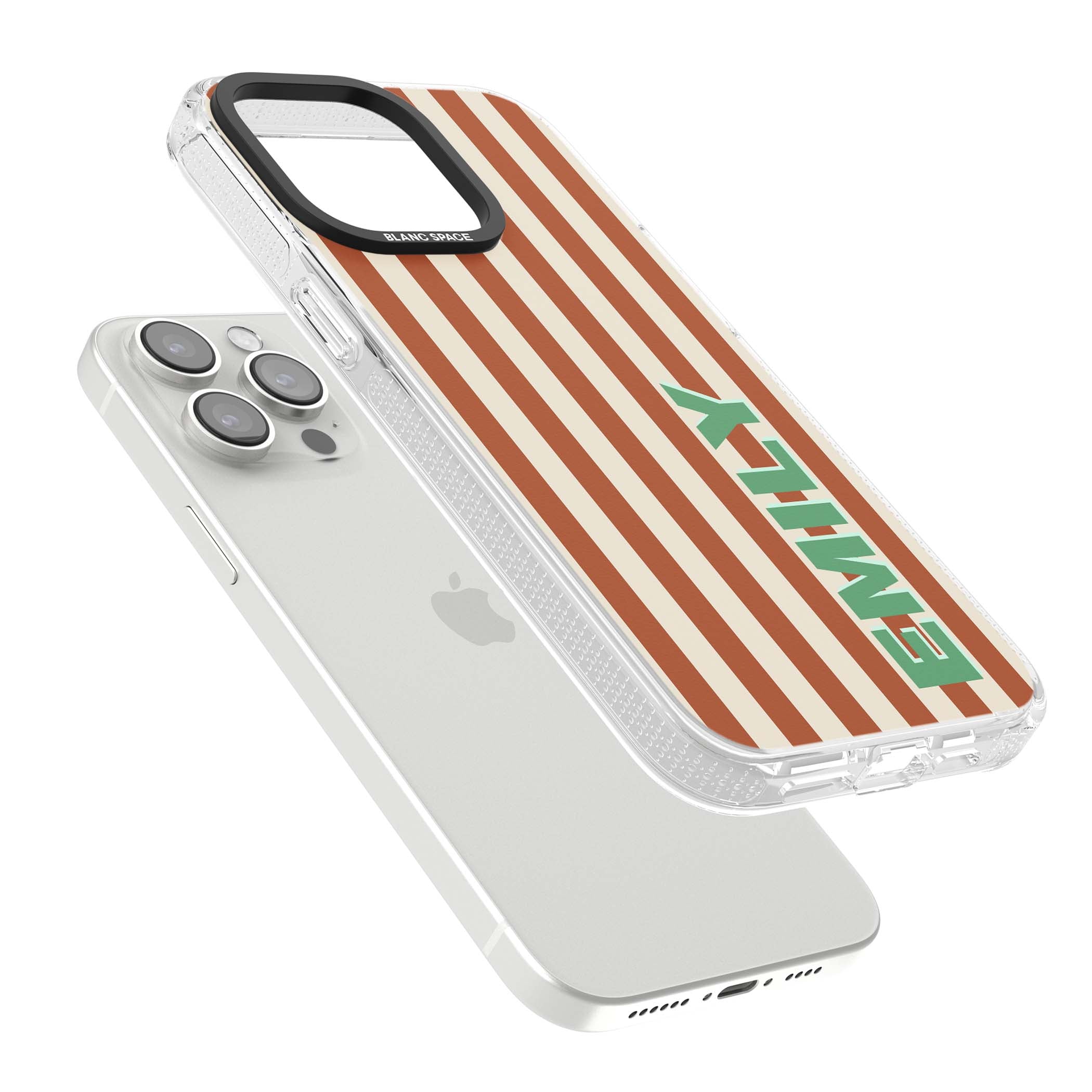 Dune Stripe personalised iPhone case with rust and cream vertical stripes and custom name in mint green | Clear Case Impact Air case for iPhone 15 Pro, iPhone 15 Pro Max
