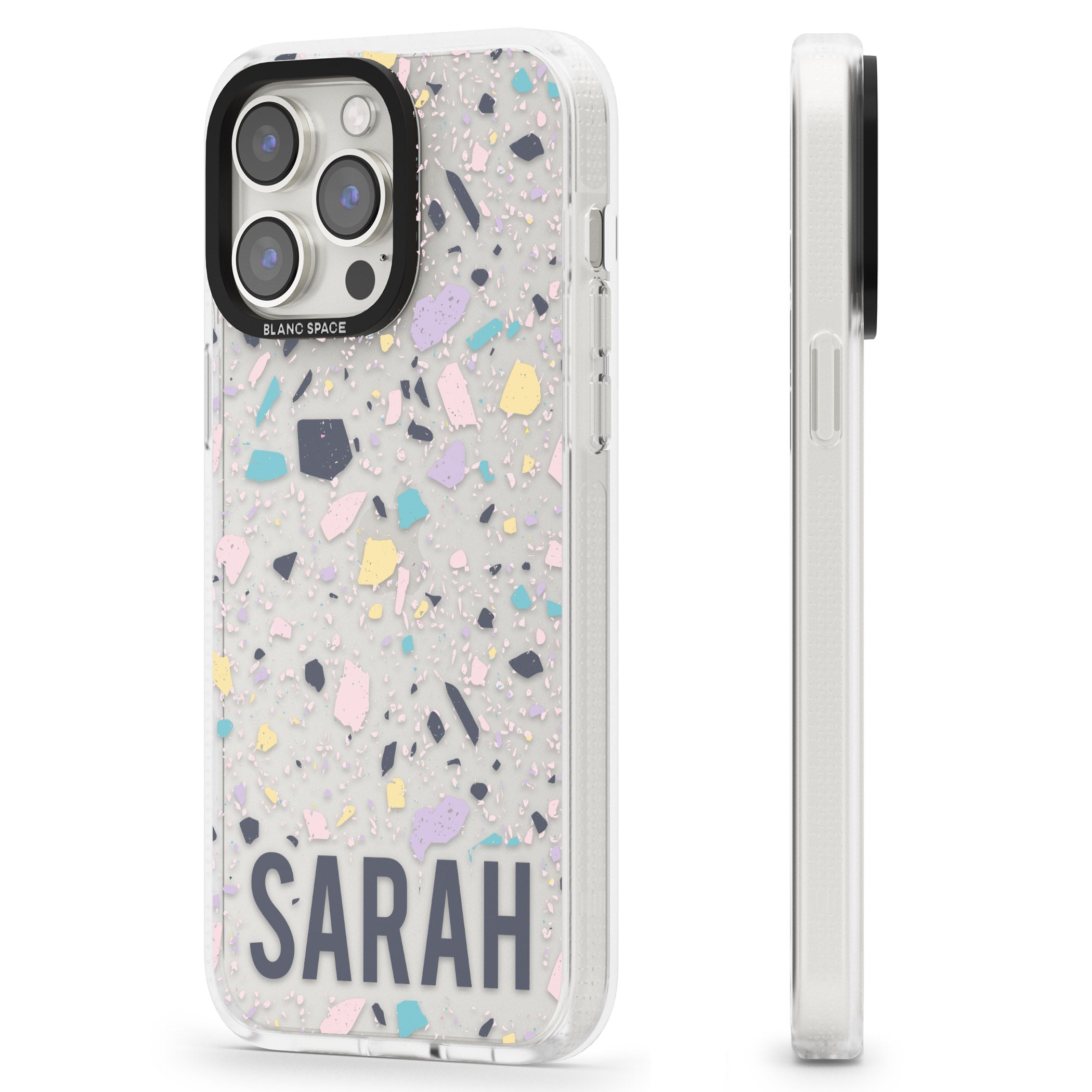 Personalised Terrazzo - Pink, Purple, Blue iPhone 15 Pro Max / 15 Pro / 14 Pro Max / 14 Pro / 13 Pro Clear Case Impact Air - Blanc Space