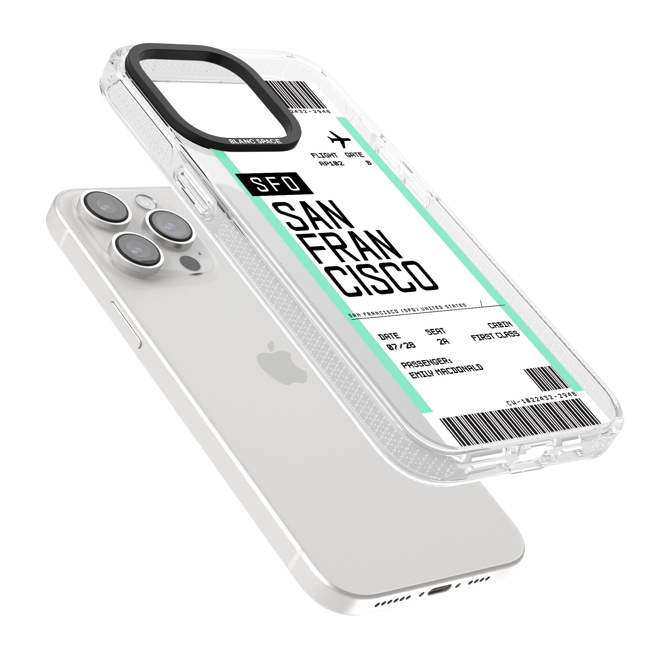 Personalised San Francisco Boarding Pass iPhone 15 Pro Max / 15 Pro / 14 Pro Max / 14 Pro / 13 Pro Clear Case Impact Air - Blanc Space