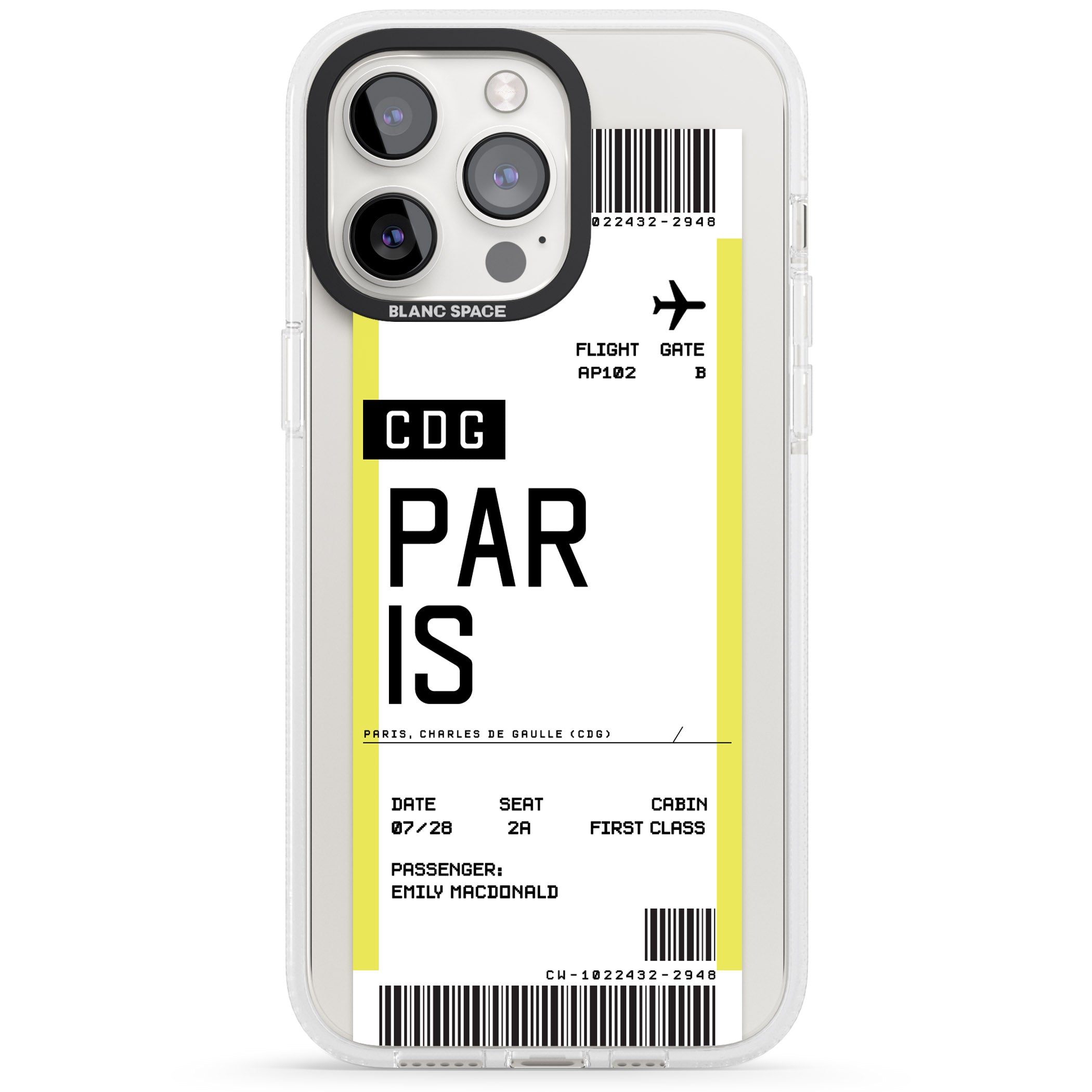 Personalised Paris Boarding Pass iPhone 15 Pro Max / 15 Pro / 14 Pro Max / 14 Pro / 13 Pro Clear Case Impact Air - Blanc Space