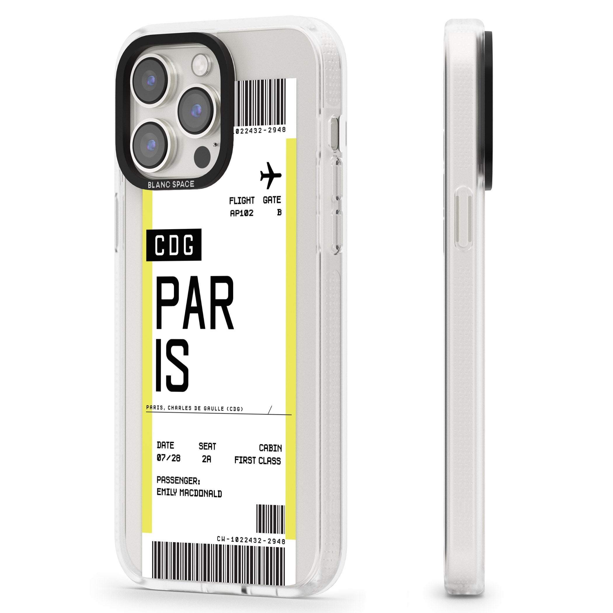 Personalised Paris Boarding Pass iPhone 15 Pro Max / 15 Pro / 14 Pro Max / 14 Pro / 13 Pro Clear Case Impact Air - Blanc Space