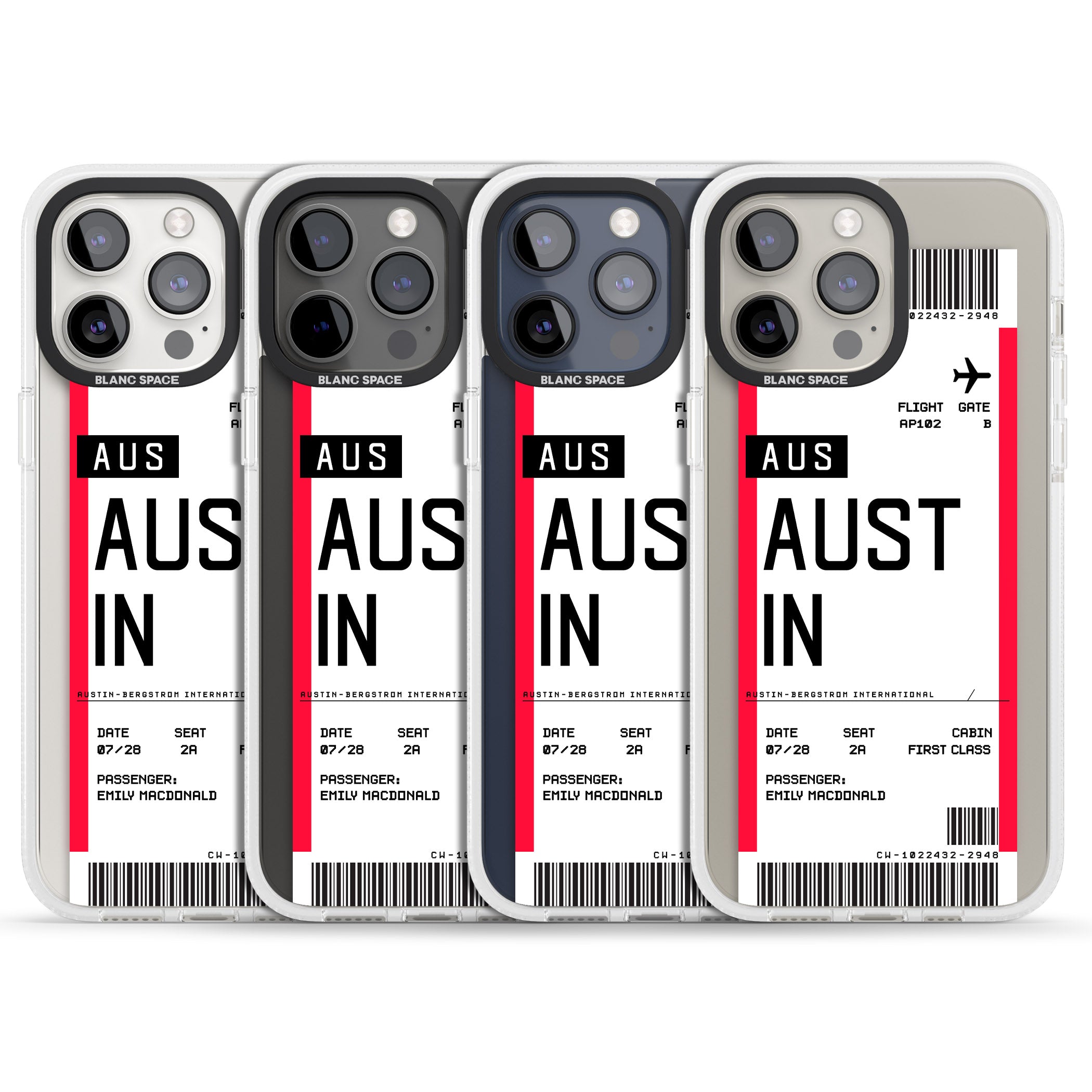 Personalised Austin Boarding Pass iPhone 15 Pro Max / 15 Pro / 14 Pro Max / 14 Pro / 13 Pro Clear Case Impact Air - Blanc Space