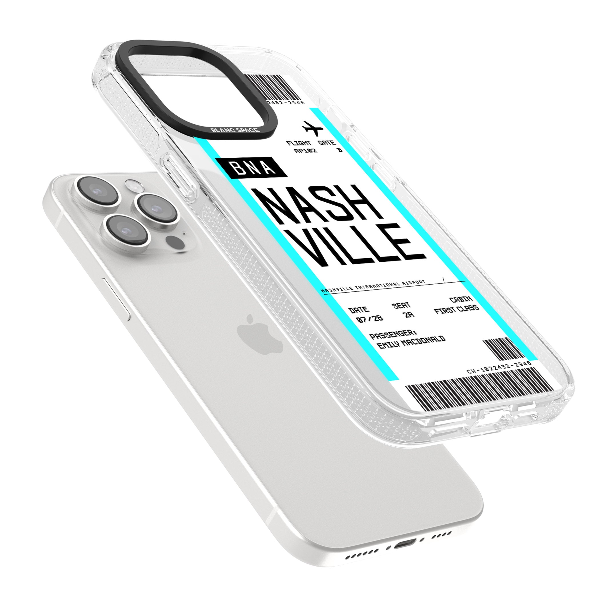 Personalised Nashville Boarding Pass iPhone 15 Pro Max / 15 Pro / 14 Pro Max / 14 Pro / 13 Pro Clear Case Impact Air - Blanc Space