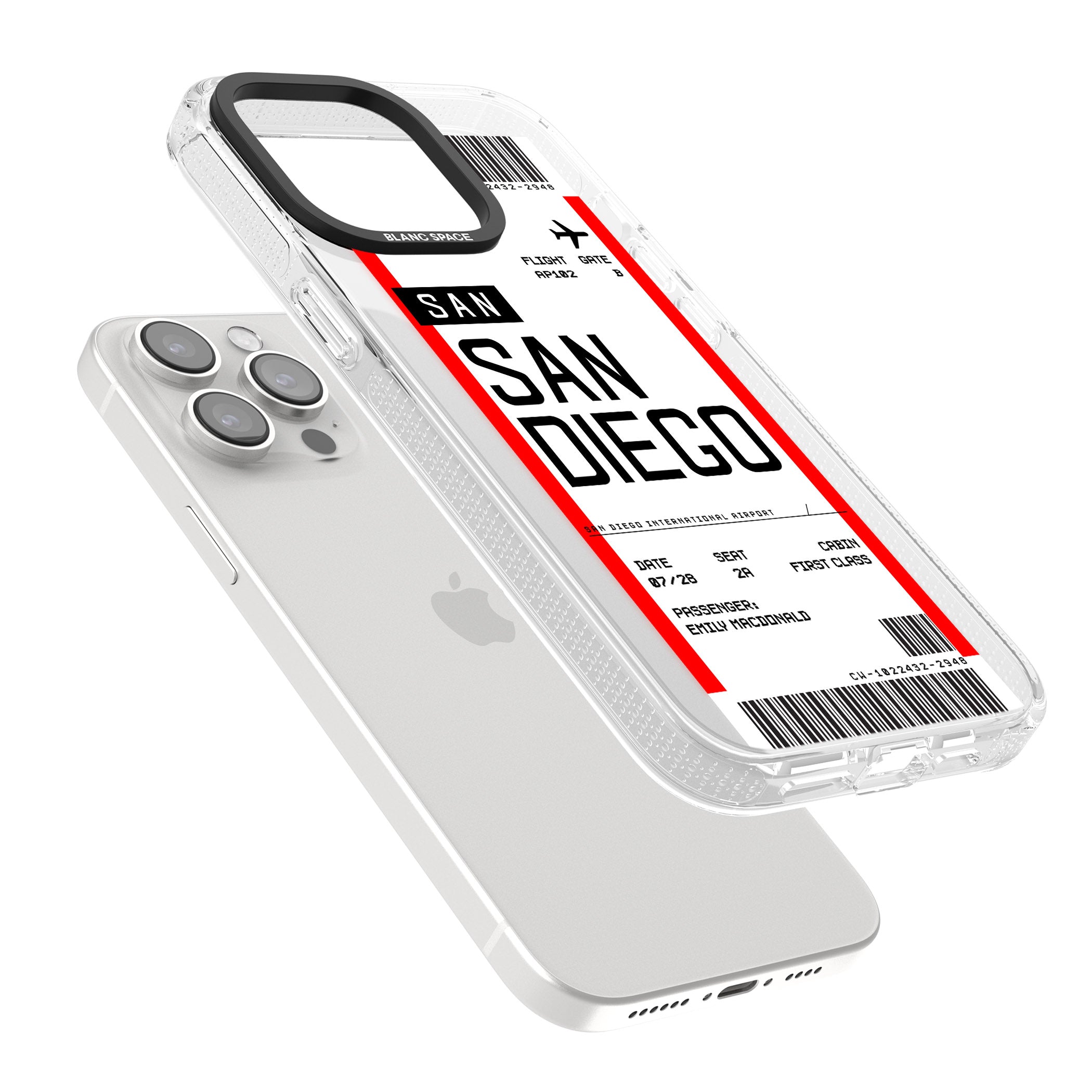 Personalised San Diego Boarding Pass iPhone 15 Pro Max / 15 Pro / 14 Pro Max / 14 Pro / 13 Pro Clear Case Impact Air - Blanc Space
