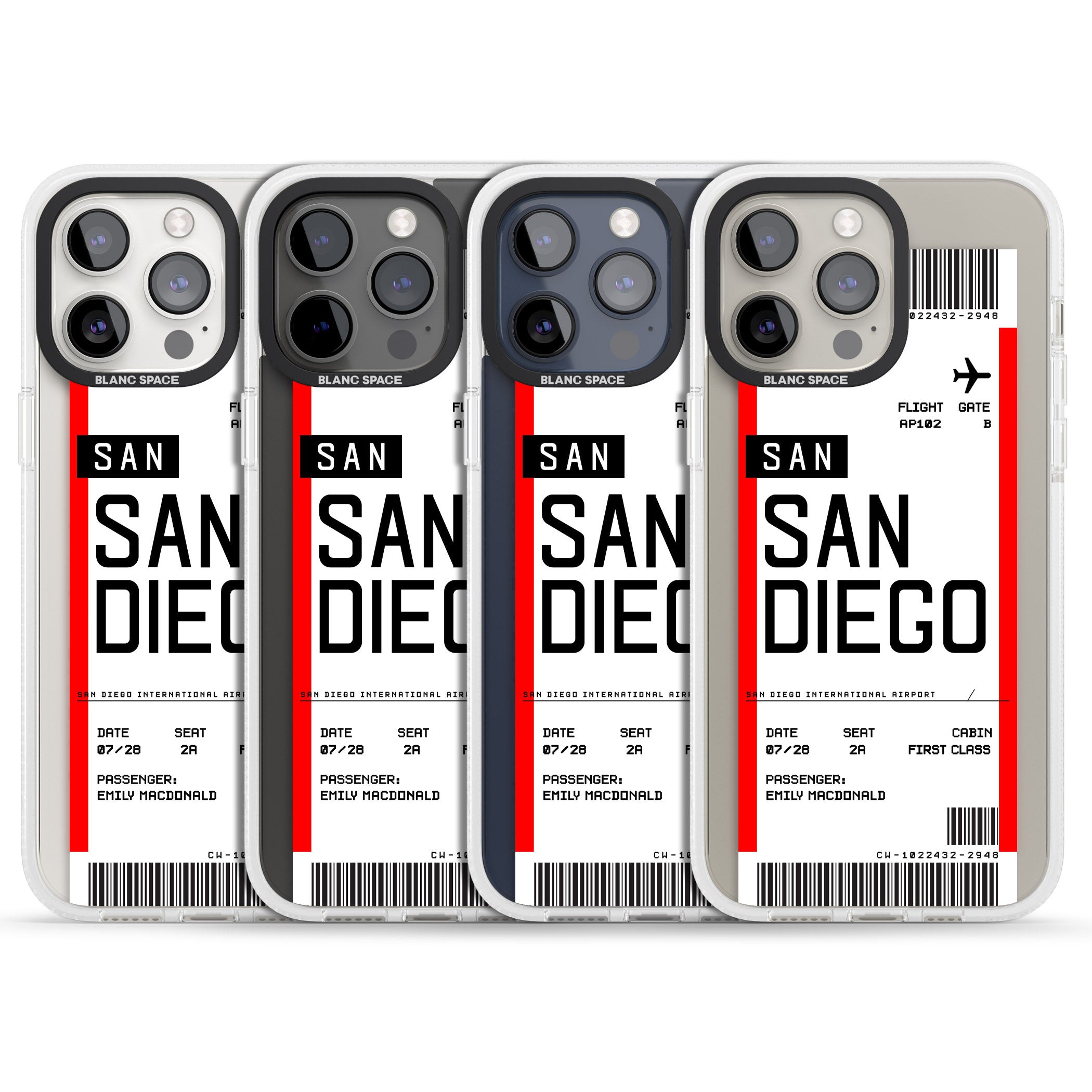 Personalised San Diego Boarding Pass iPhone 15 Pro Max / 15 Pro / 14 Pro Max / 14 Pro / 13 Pro Clear Case Impact Air - Blanc Space