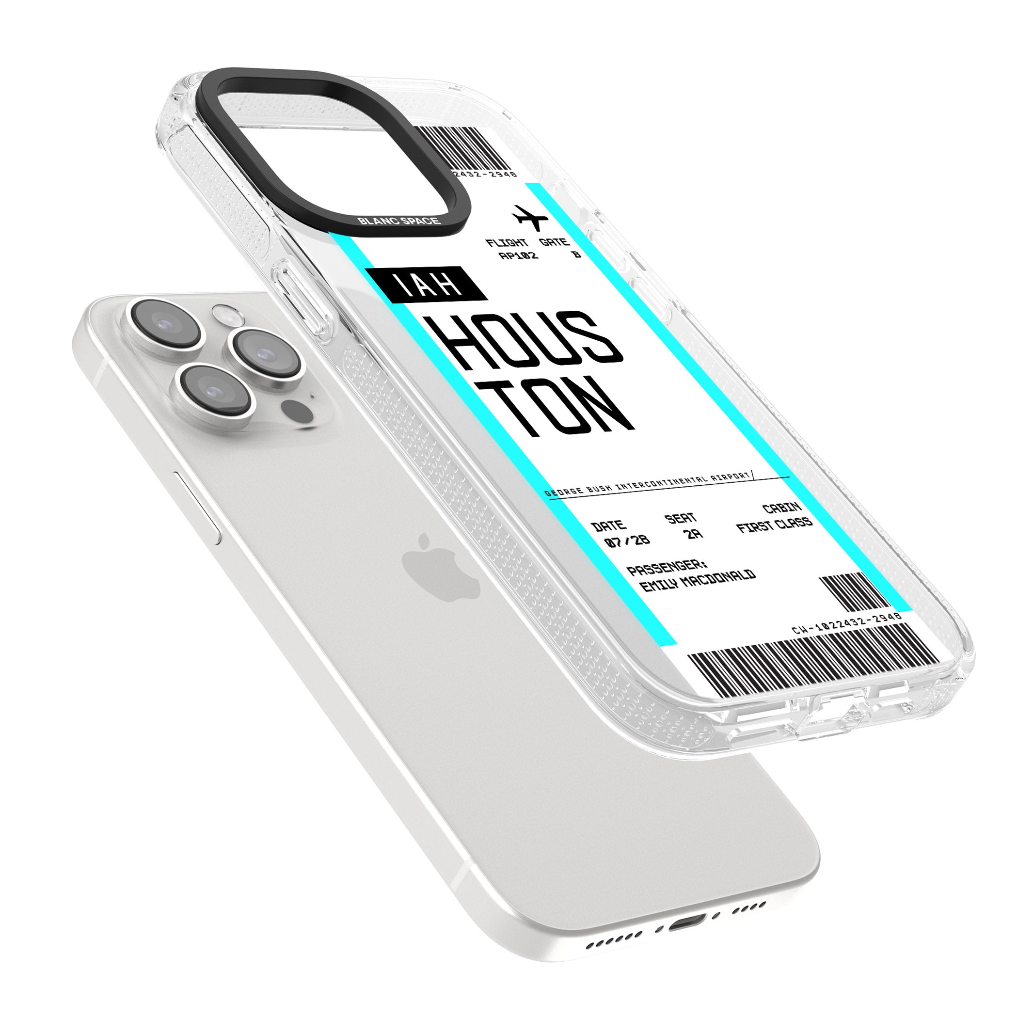 Personalised Houston Boarding Pass iPhone 15 Pro Max / 15 Pro / 14 Pro Max / 14 Pro / 13 Pro Clear Case Impact Air - Blanc Space