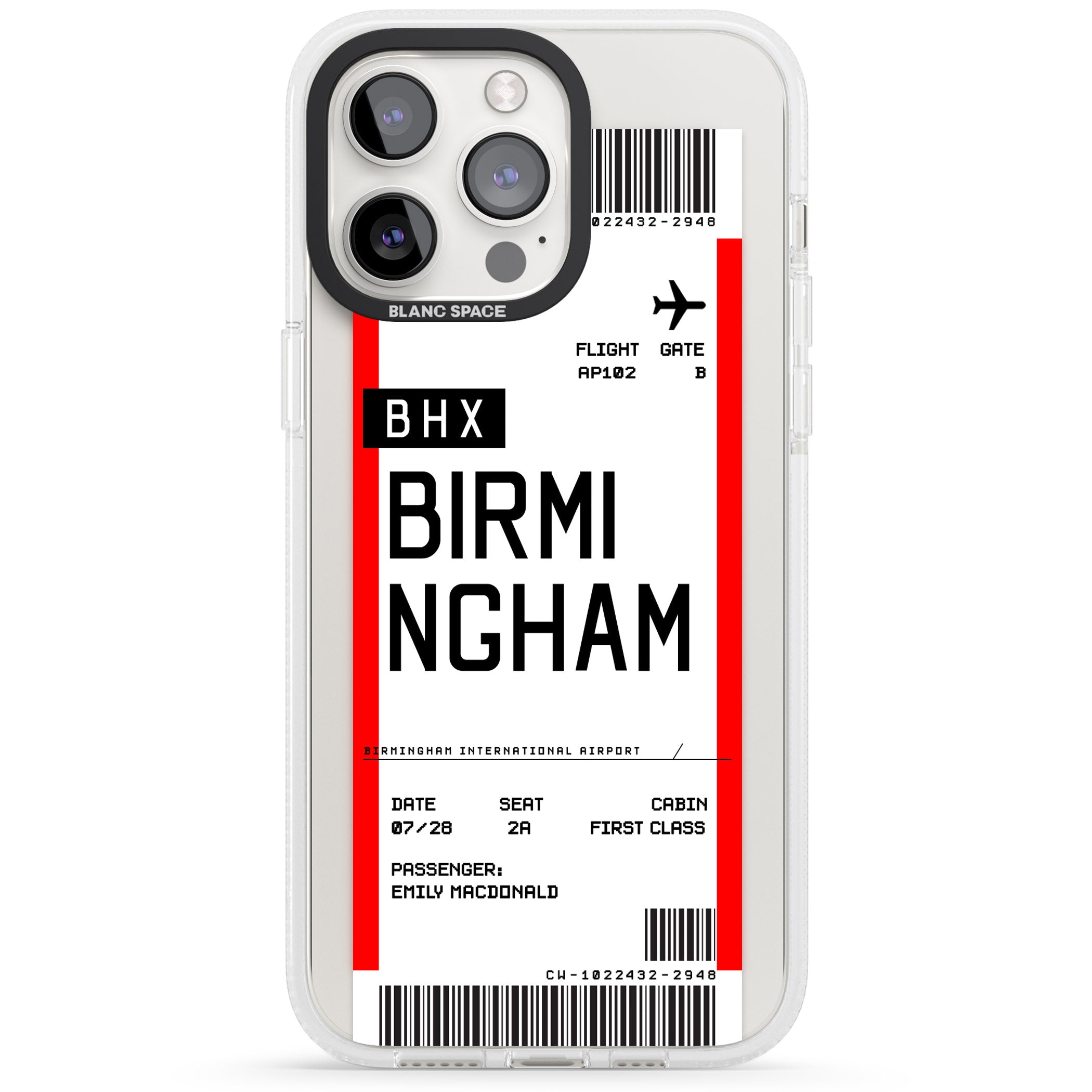 Personalised Birmingham Boarding Pass iPhone 15 Pro Max / 15 Pro / 14 Pro Max / 14 Pro / 13 Pro Clear Case Impact Air - Blanc Space