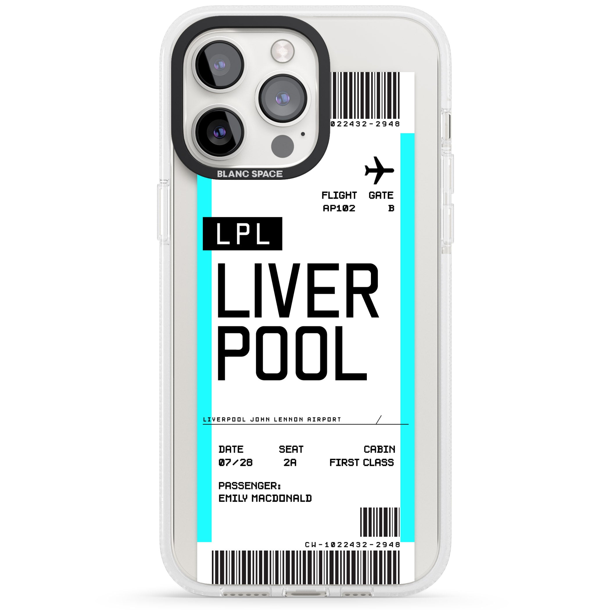 Personalised Liverpool Boarding Pass iPhone 15 Pro Max / 15 Pro / 14 Pro Max / 14 Pro / 13 Pro Clear Case Impact Air - Blanc Space