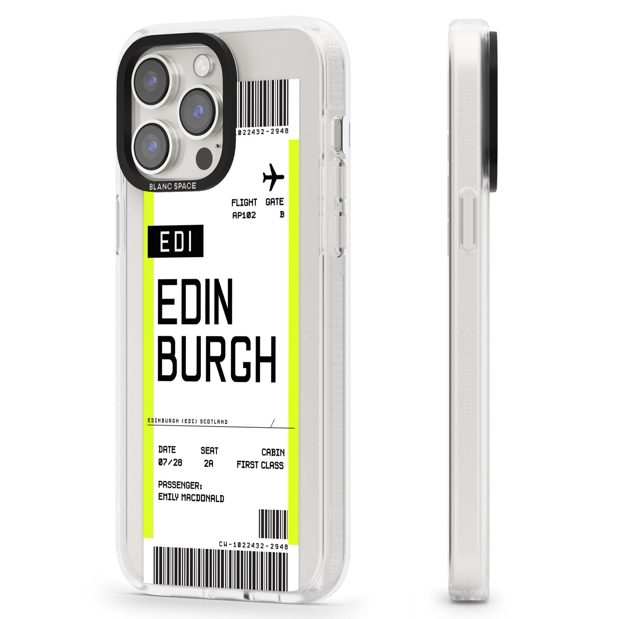 Personalised Edinburgh Boarding Pass iPhone 15 Pro Max / 15 Pro / 14 Pro Max / 14 Pro / 13 Pro Clear Case Impact Air - Blanc Space