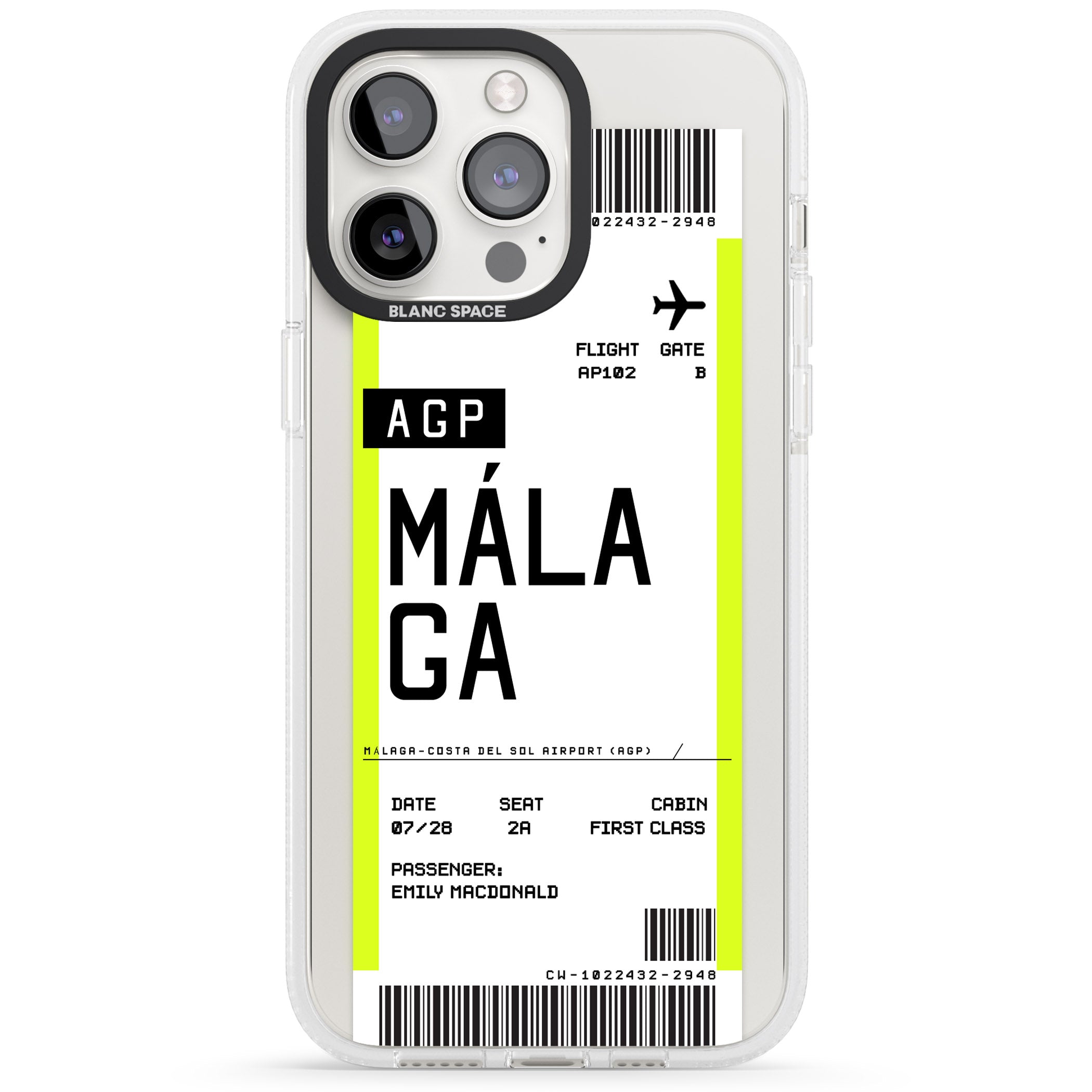Personalised Málaga Boarding Pass iPhone 15 Pro Max / 15 Pro / 14 Pro Max / 14 Pro / 13 Pro Clear Case Impact Air - Blanc Space