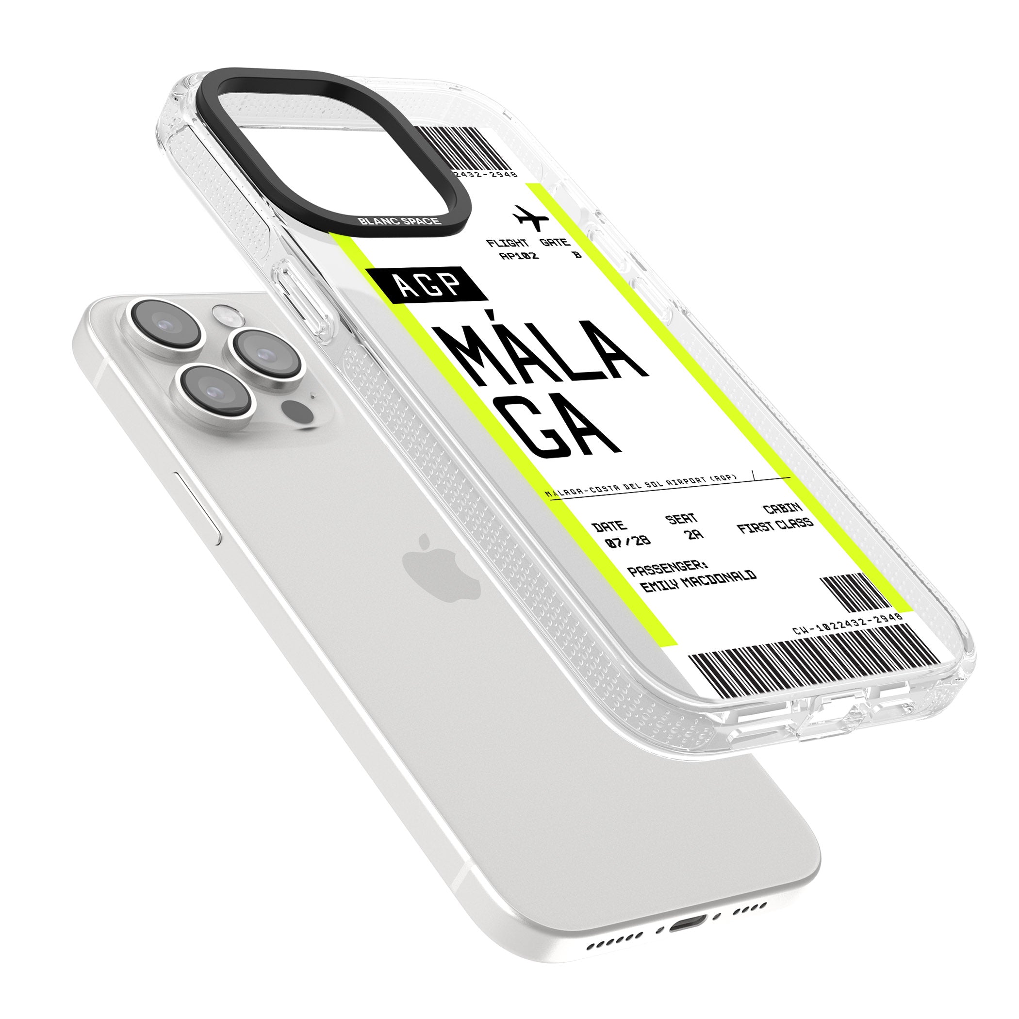 Personalised Málaga Boarding Pass iPhone 15 Pro Max / 15 Pro / 14 Pro Max / 14 Pro / 13 Pro Clear Case Impact Air - Blanc Space