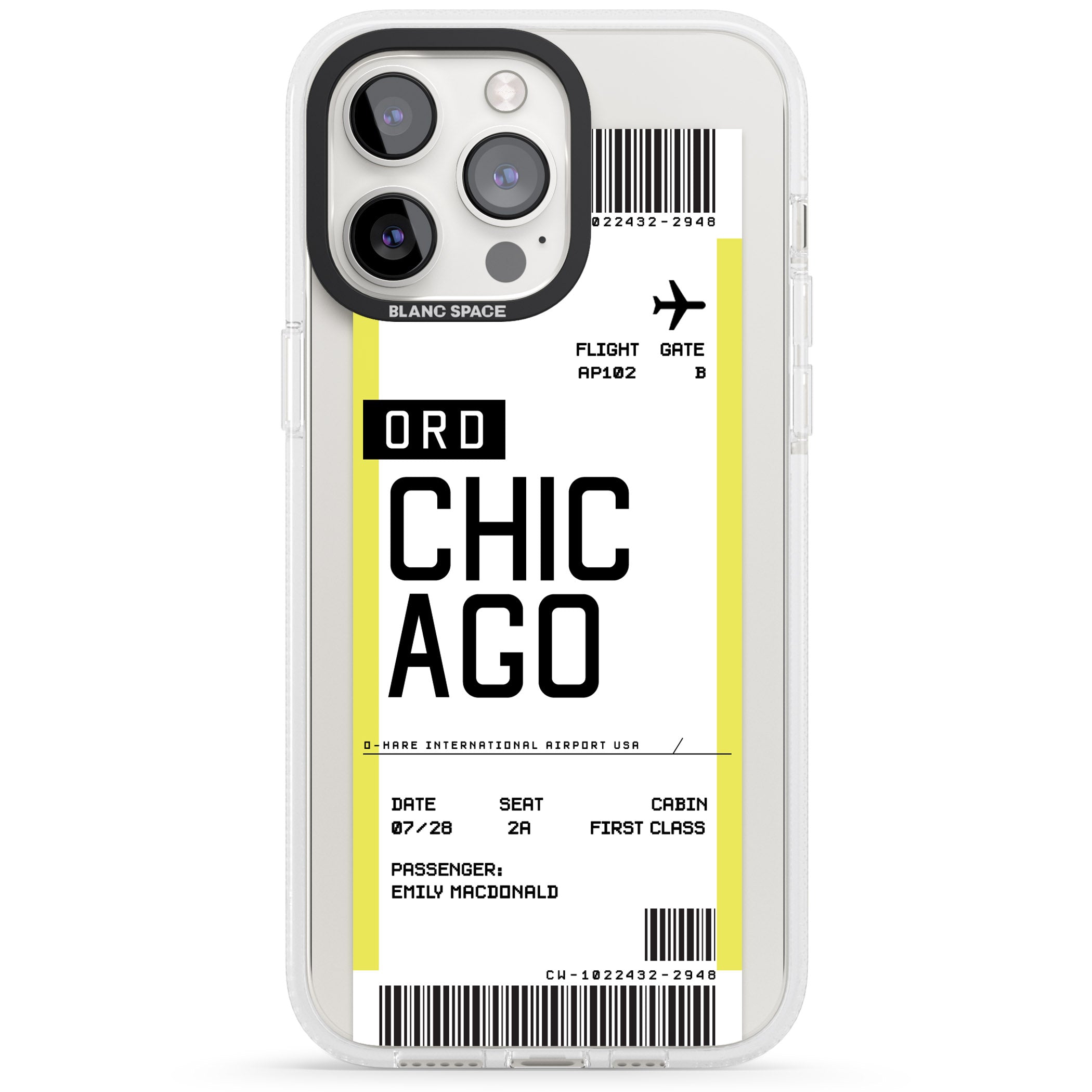 Personalised Chicago Boarding Pass iPhone 15 Pro Max / 15 Pro / 14 Pro Max / 14 Pro / 13 Pro Clear Case Impact Air - Blanc Space