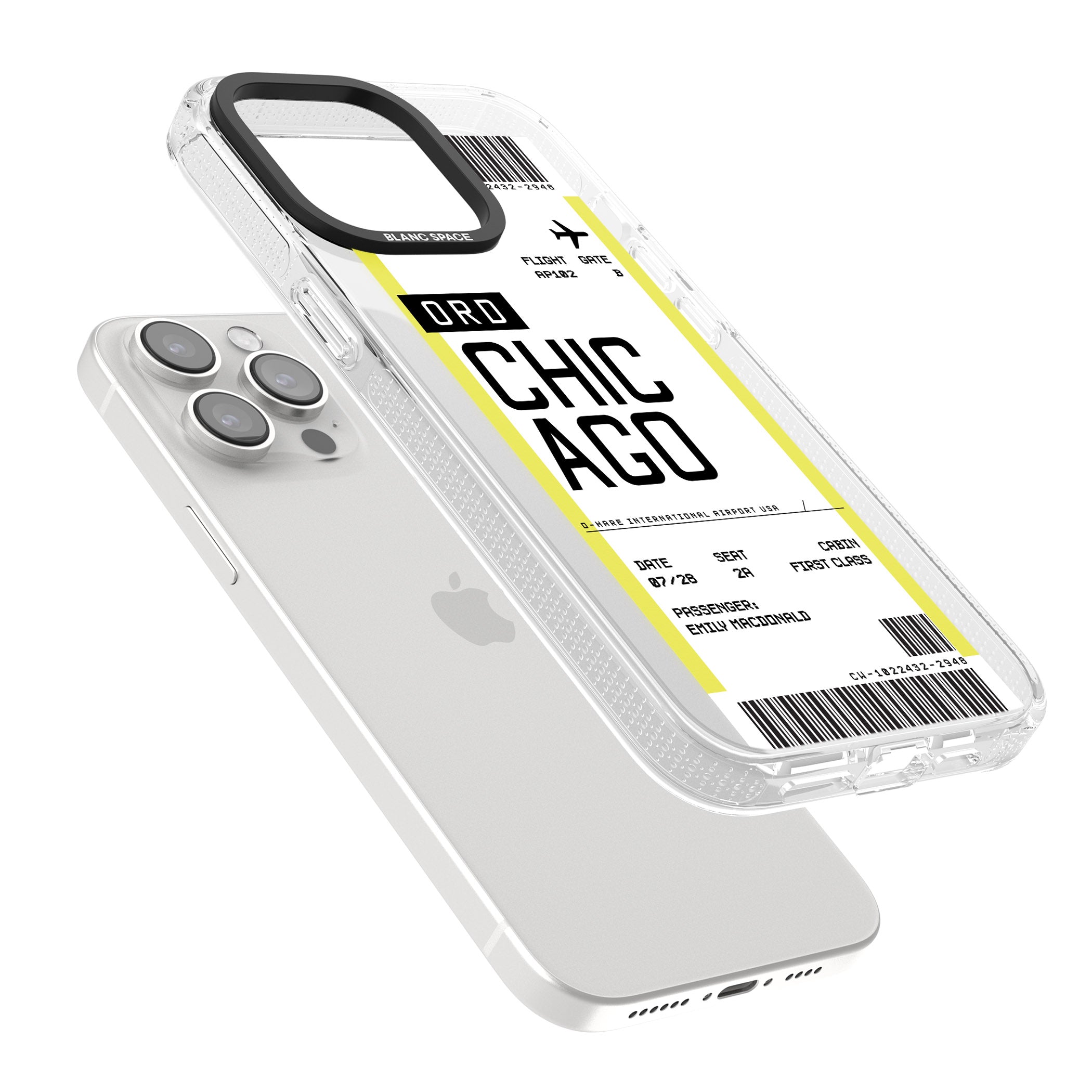 Personalised Chicago Boarding Pass iPhone 15 Pro Max / 15 Pro / 14 Pro Max / 14 Pro / 13 Pro Clear Case Impact Air - Blanc Space