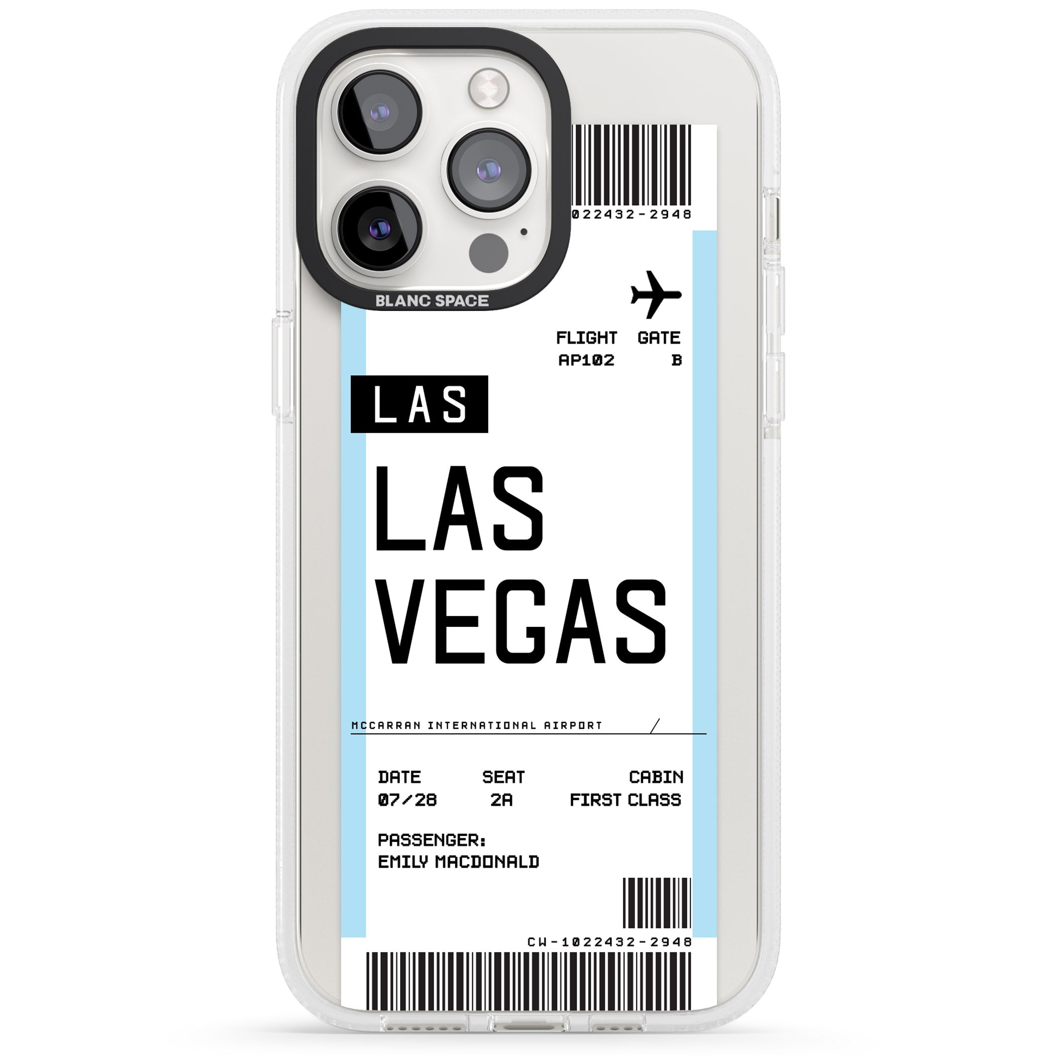 Personalised Las Vegas Boarding Pass iPhone 15 Pro Max / 15 Pro / 14 Pro Max / 14 Pro / 13 Pro Clear Case Impact Air - Blanc Space