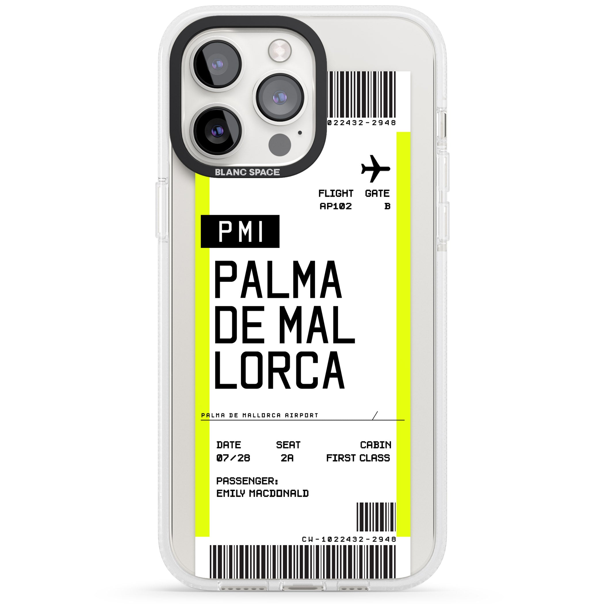 Personalised Palma De Mallorca Boarding Pass iPhone 15 Pro Max / 15 Pro / 14 Pro Max / 14 Pro / 13 Pro Clear Case Impact Air - Blanc Space