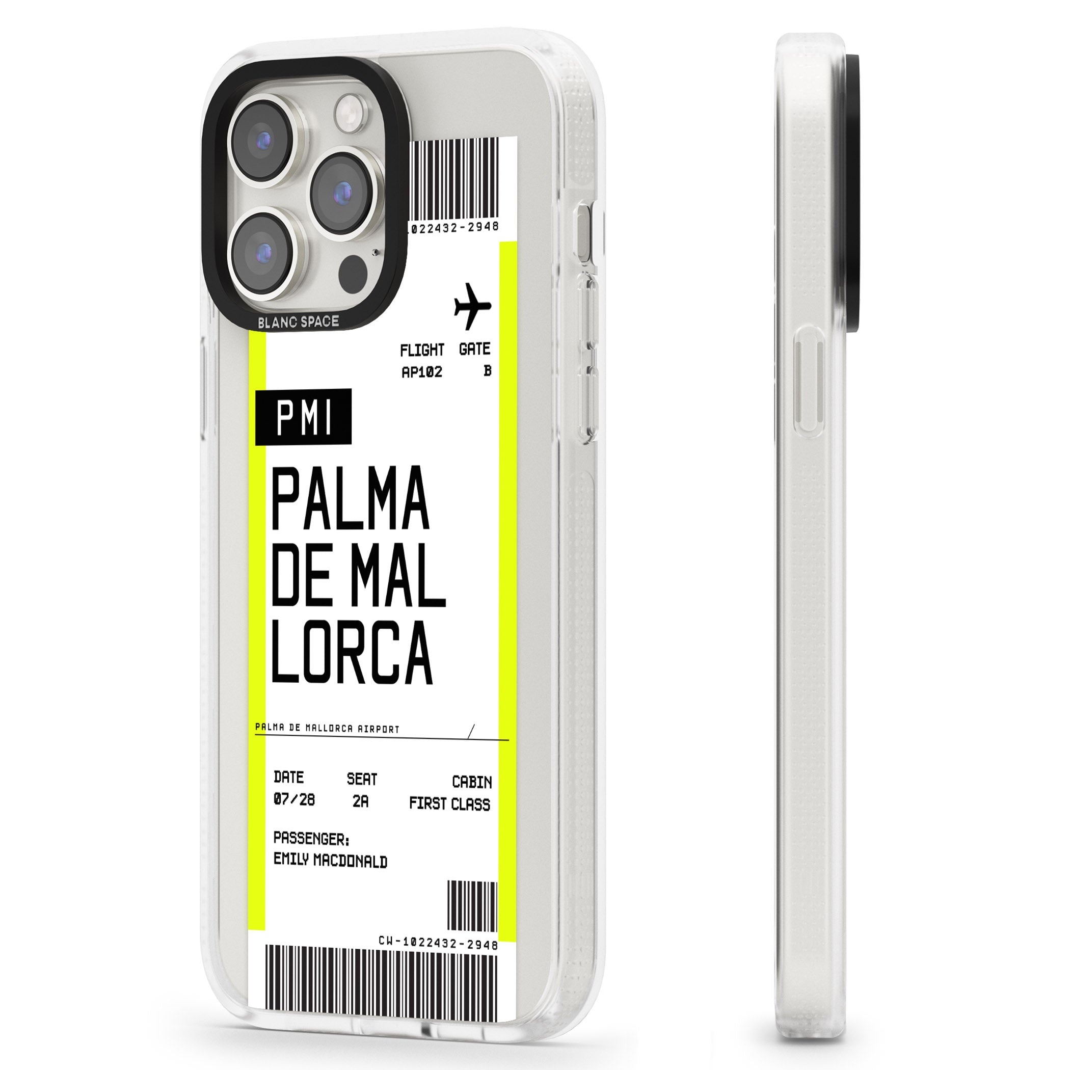 Personalised Palma De Mallorca Boarding Pass iPhone 15 Pro Max / 15 Pro / 14 Pro Max / 14 Pro / 13 Pro Clear Case Impact Air - Blanc Space