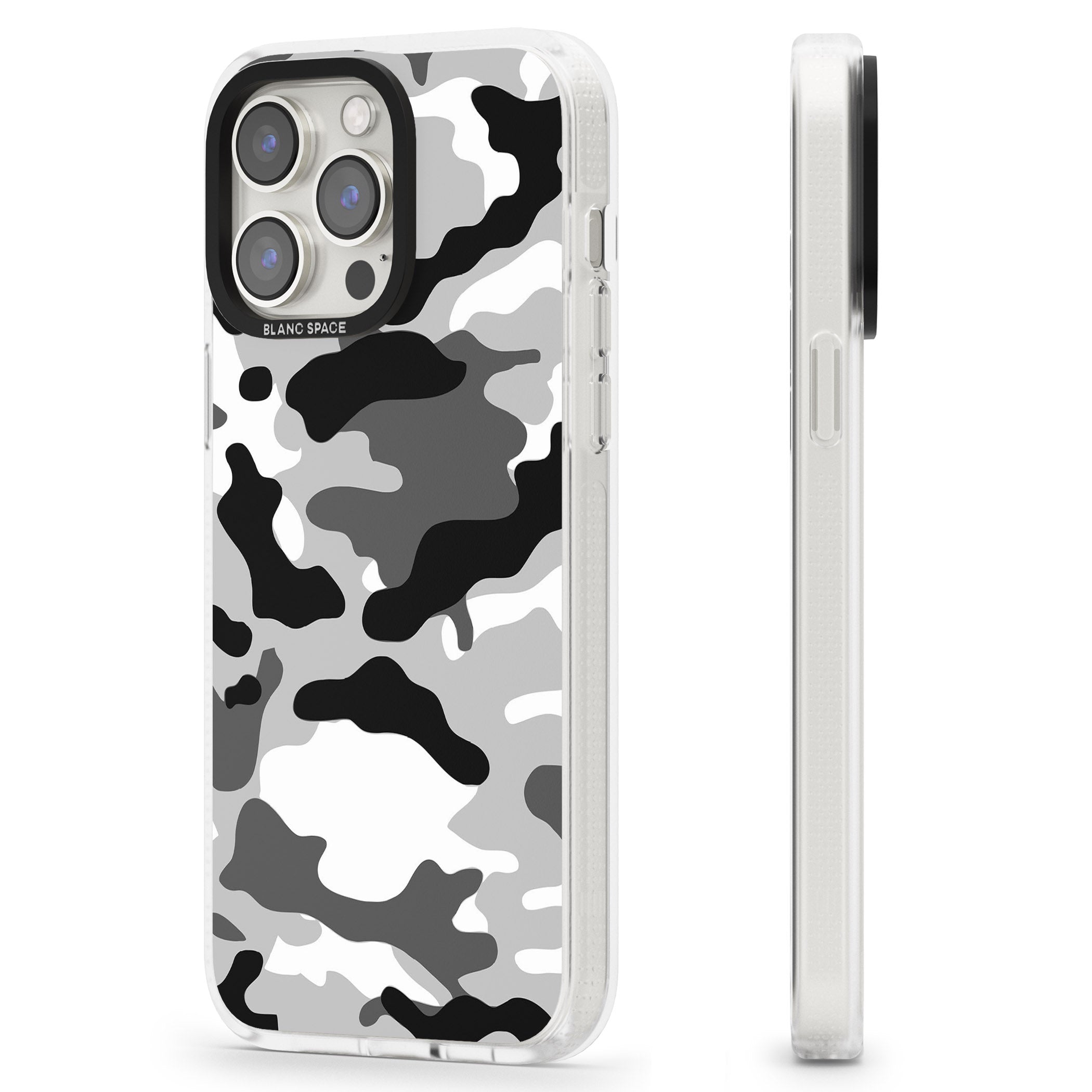 Grey Black Urban Camo iPhone 15 Pro Max / 15 Pro / 14 Pro Max / 14 Pro / 13 Pro Clear Case Impact Air - Blanc Space